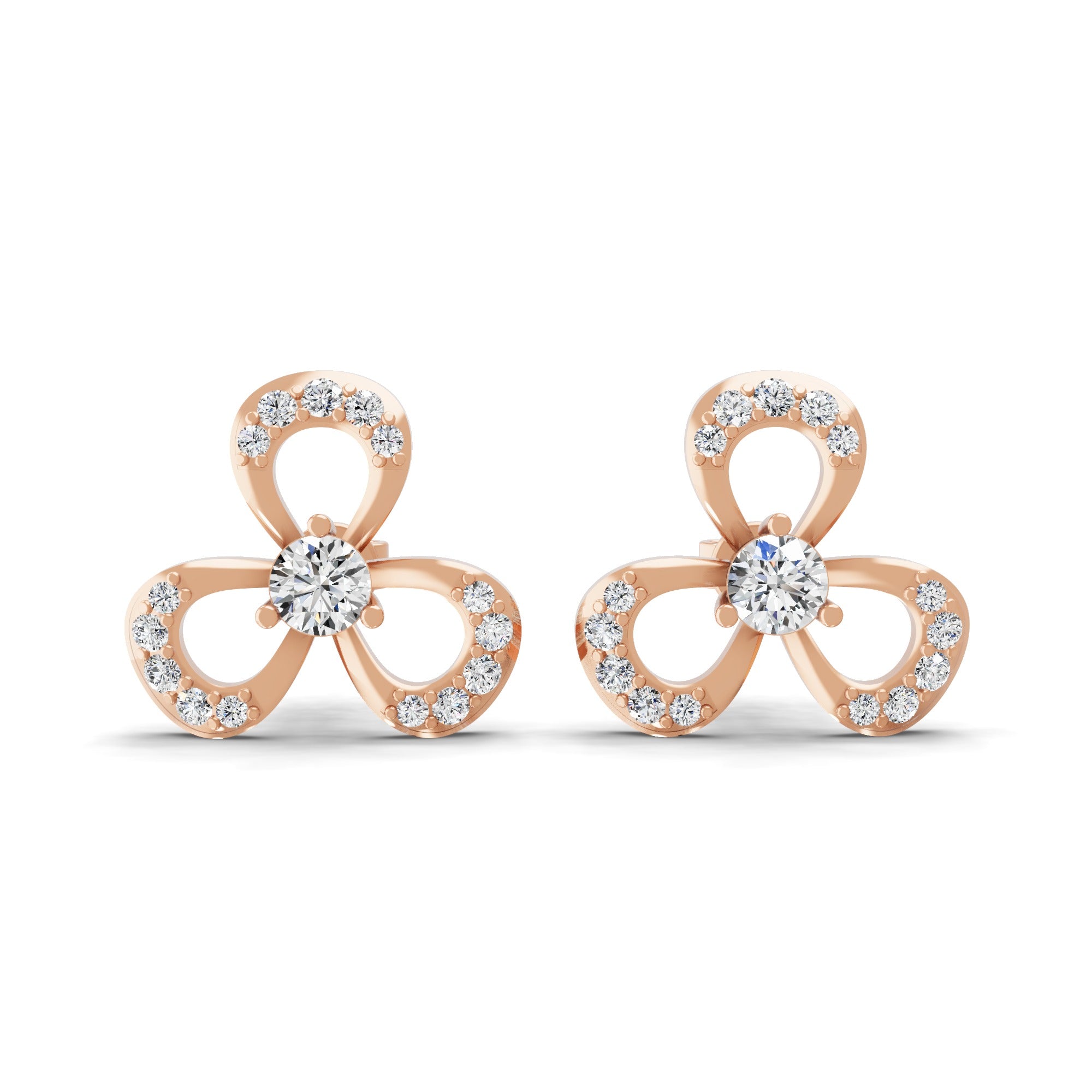 Three Clover Leaf Stud Earrings 14K Fine Gold 0.99Ct Lab Grown Diamond