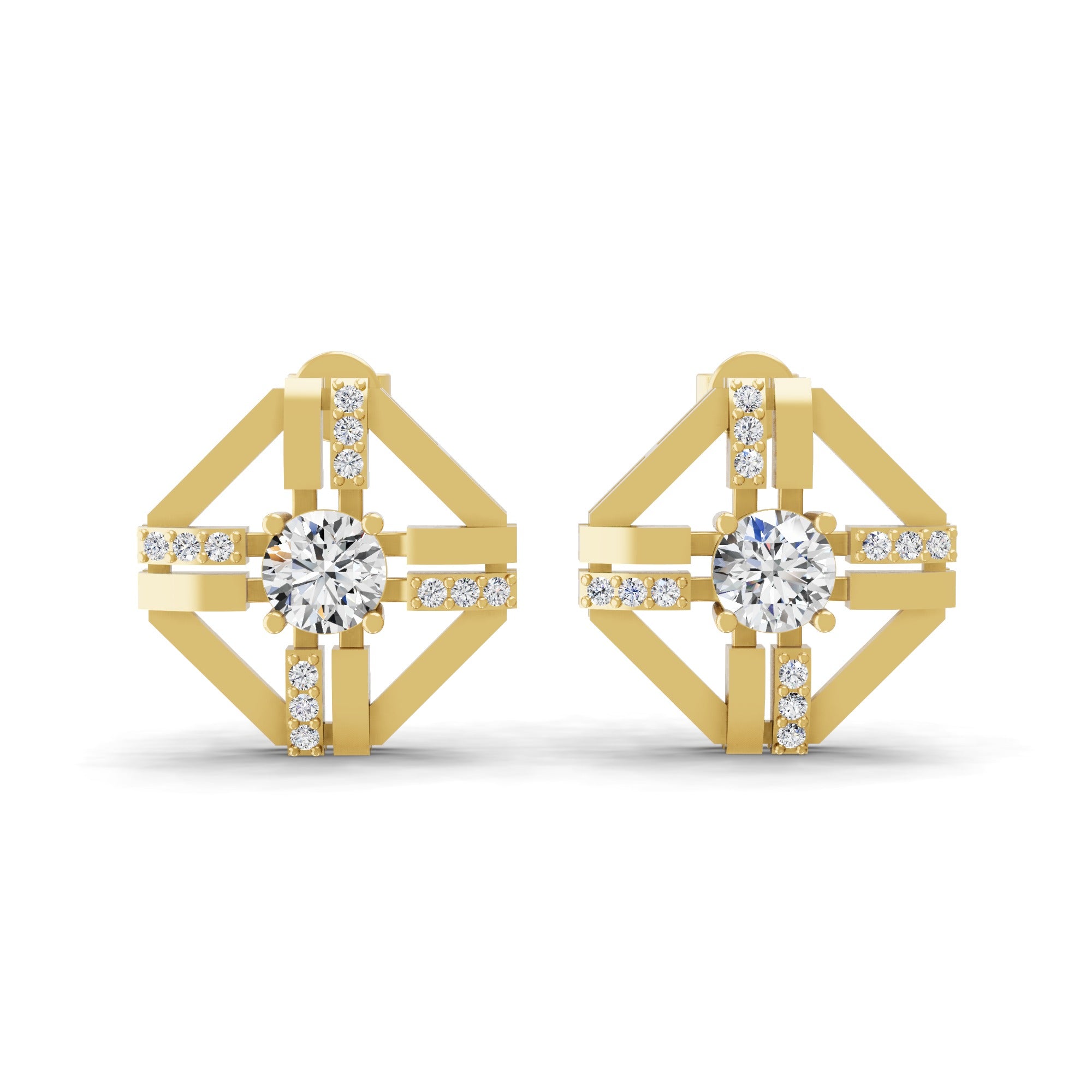Geometric pavé Stud Earring 1.20Ct Lab Grown Diamond 14K Fine Gold