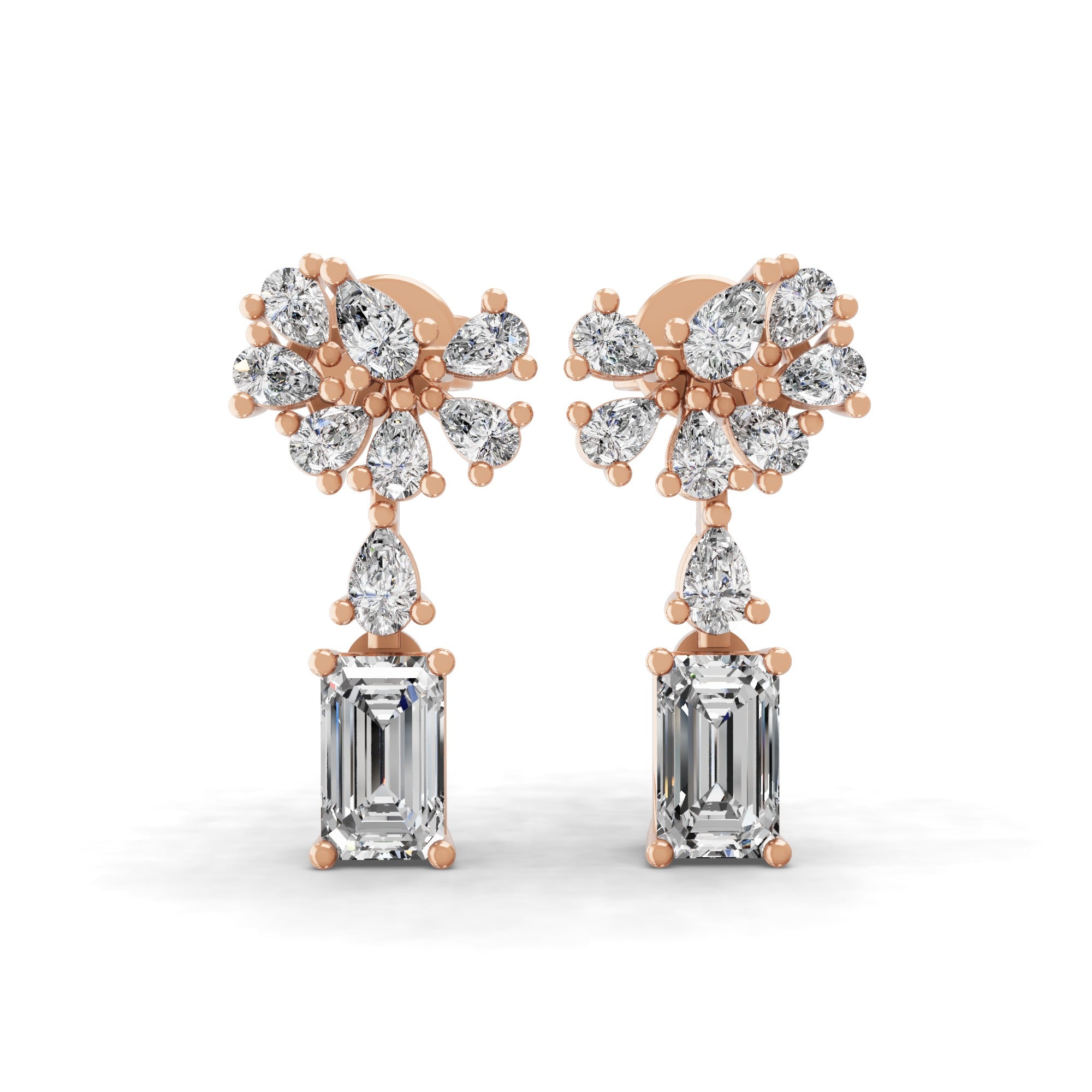 Lab Grown Diamond 14K Fine Gold Cluster Emerald Pear Cut Dangle Earrings 1.08Ct