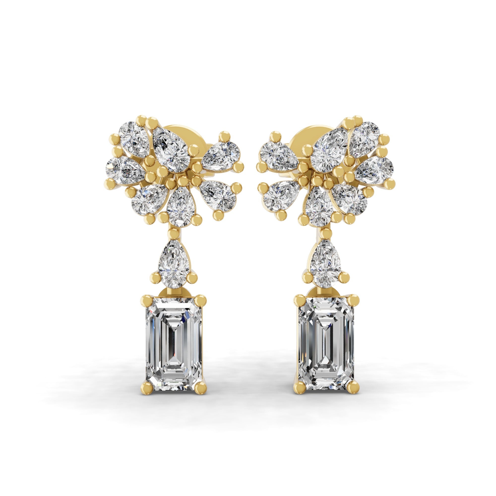 Lab Grown Diamond 14K Fine Gold Cluster Emerald Pear Cut Dangle Earrings 1.08Ct