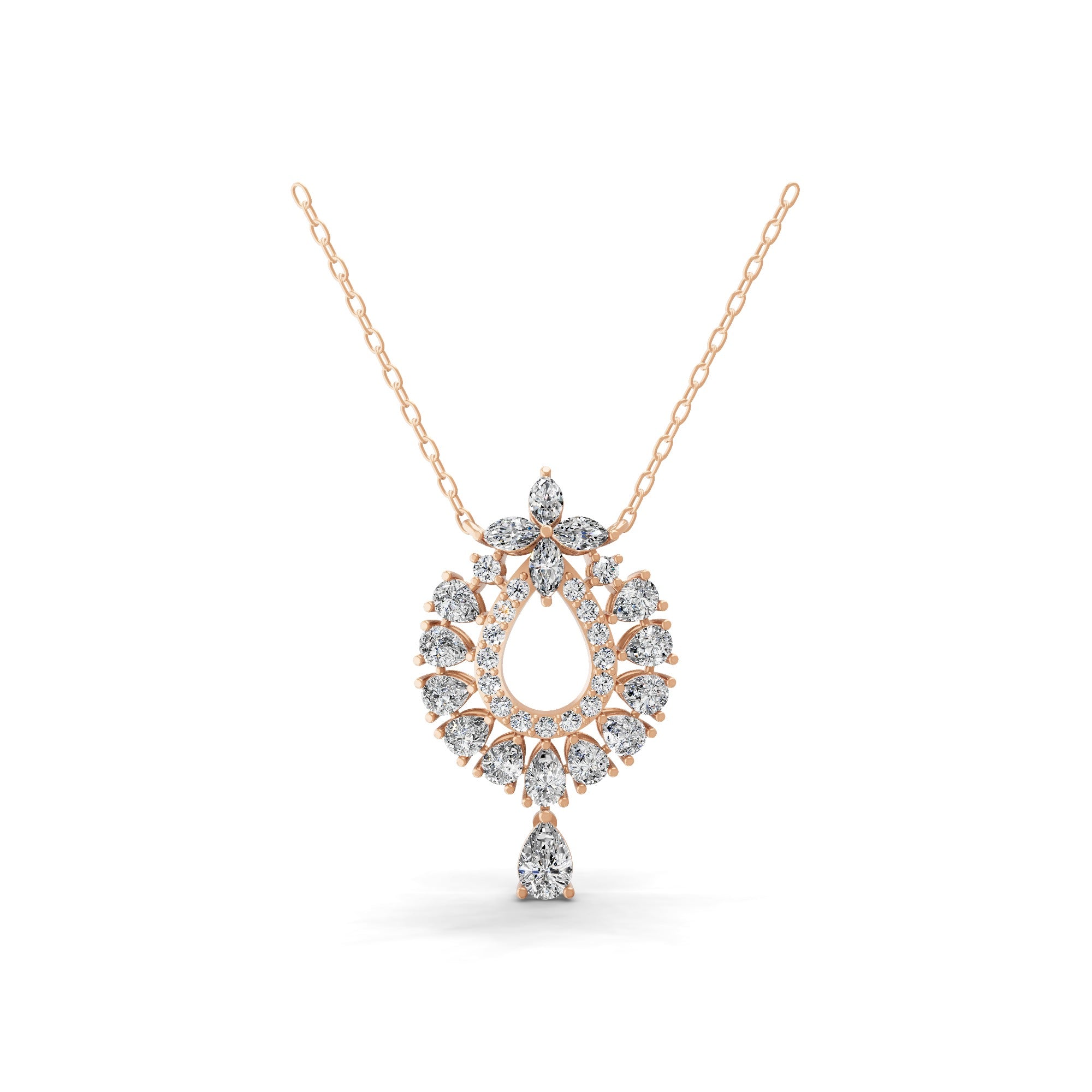 Multi Stone Open Teardrop Pendant Necklace 14K Fine Gold Lab Grown Diamond