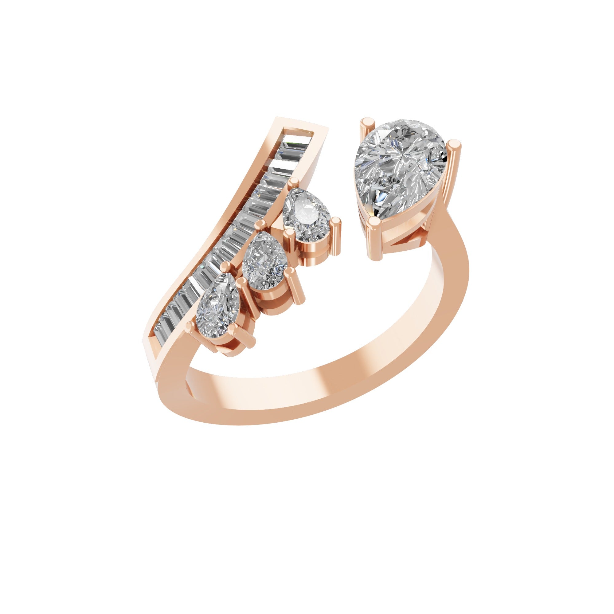 Baguette Pear Cut Lab Grown Diamond 1.83Ct 14K Fine Gold Ring