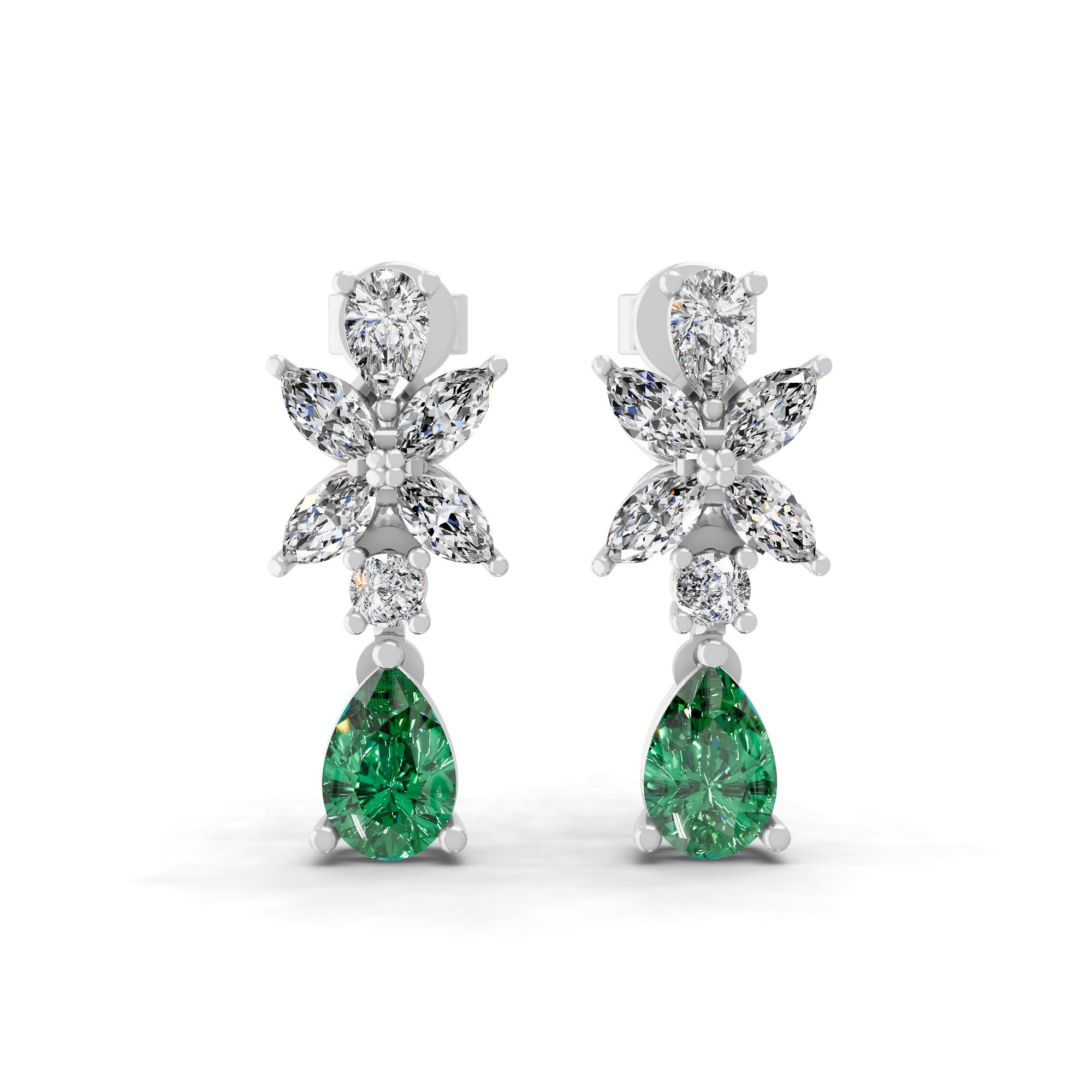 1.64 TCW Pear Emerald Lab Grown Multi Shape Diamond White Gold Stud Earring