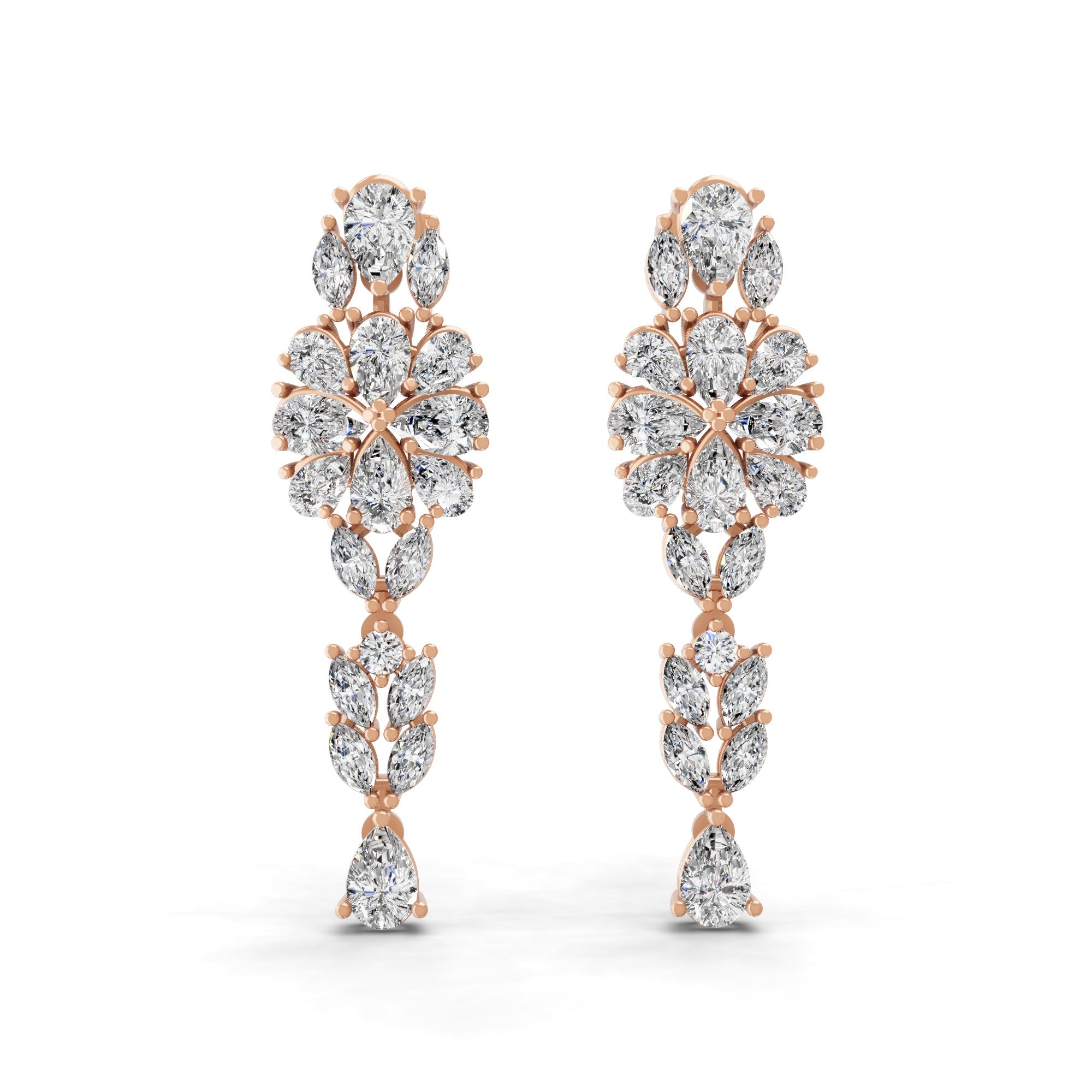 14K Gold Cluster Drop Earrings Round and Pear Shaped 6.61Ct Lab Grown Diamonds