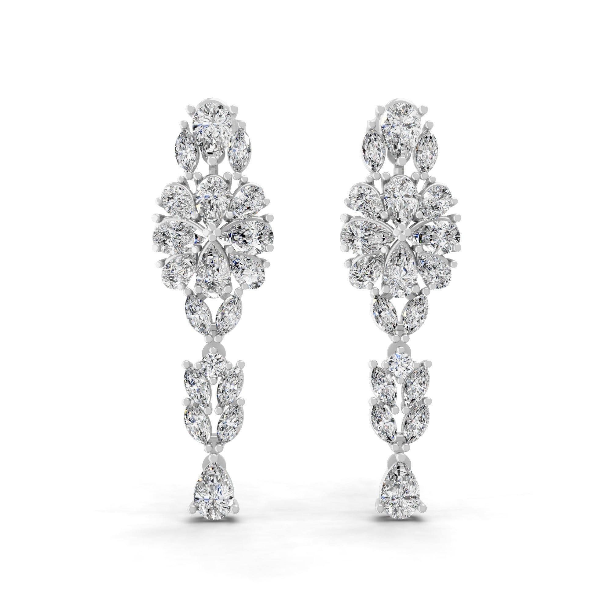 14K Gold Cluster Drop Earrings Round and Pear Shaped 6.61Ct Lab Grown Diamonds