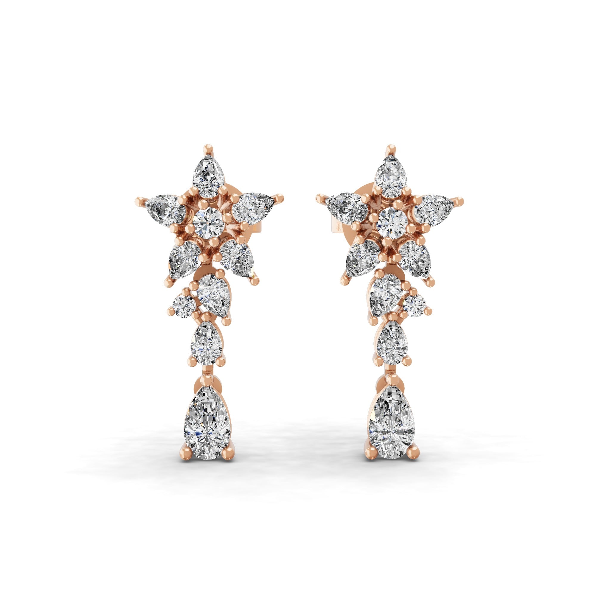 14K Fine Gold Cluster Leaf Dangle Earrings Lab Grown Diamond 2.27Ct