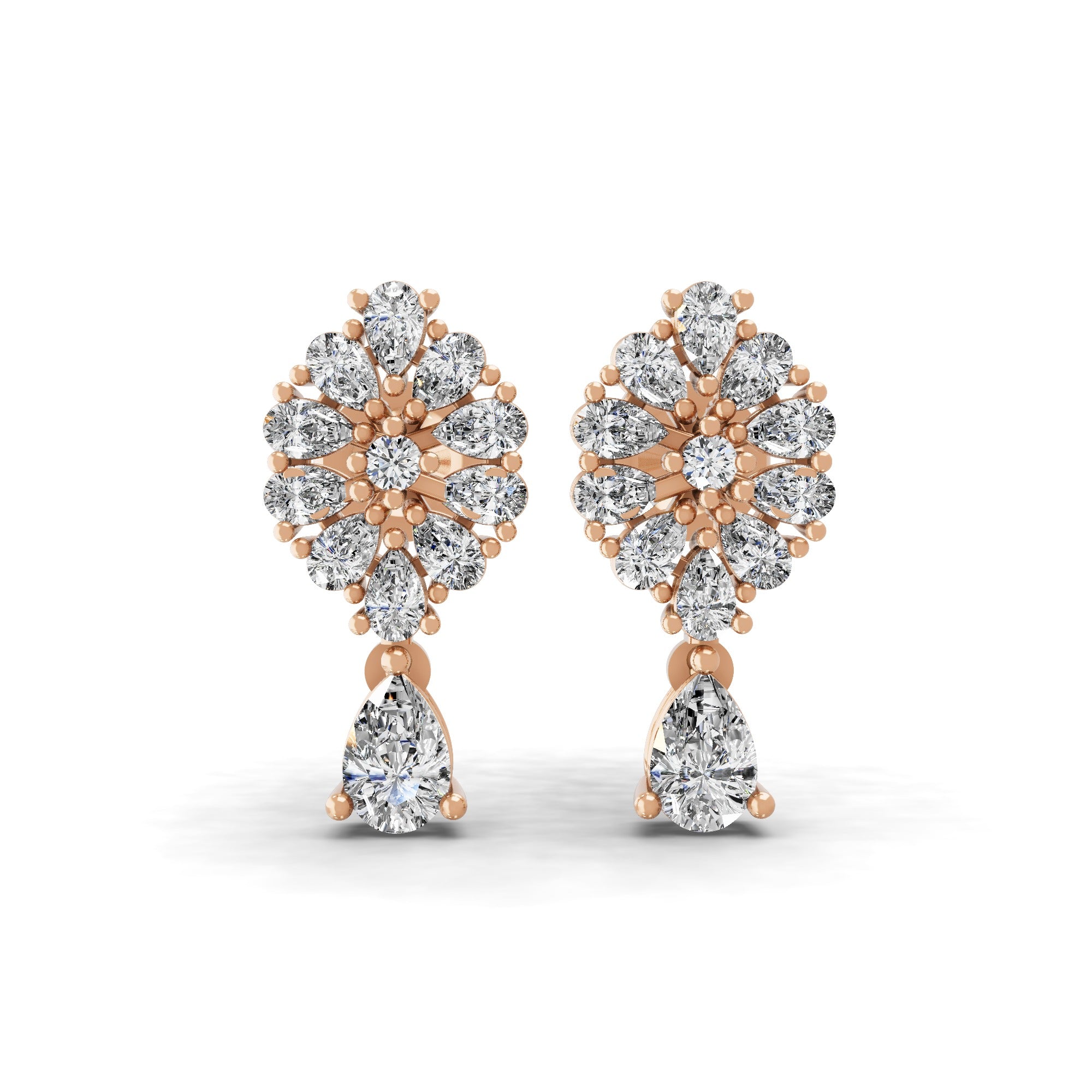 14K Fine Gold Floral Cluster Design Lab Grown Diamond Dangle Earrings 1.75Ct