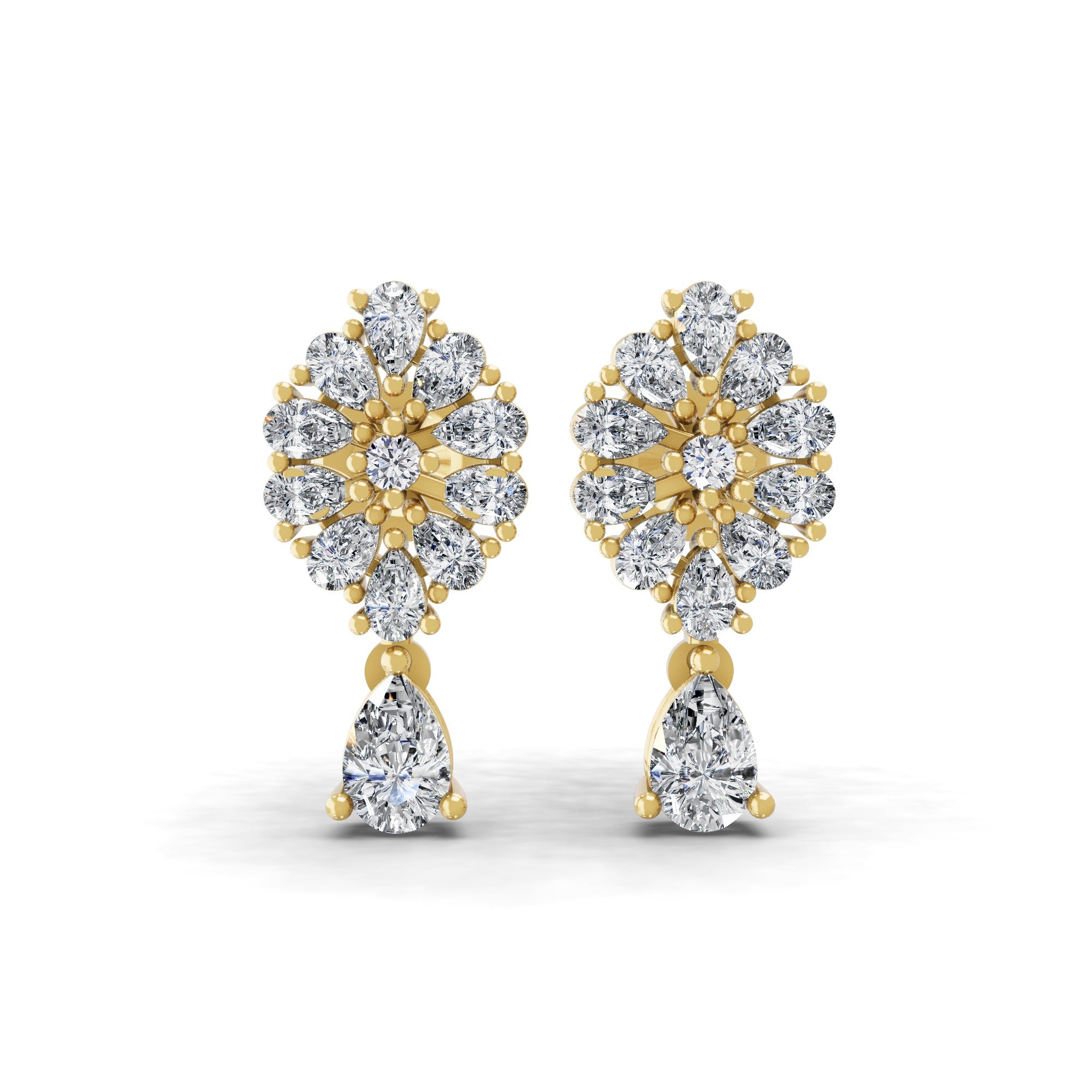 14K Fine Gold Floral Cluster Design Lab Grown Diamond Dangle Earrings 1.75Ct