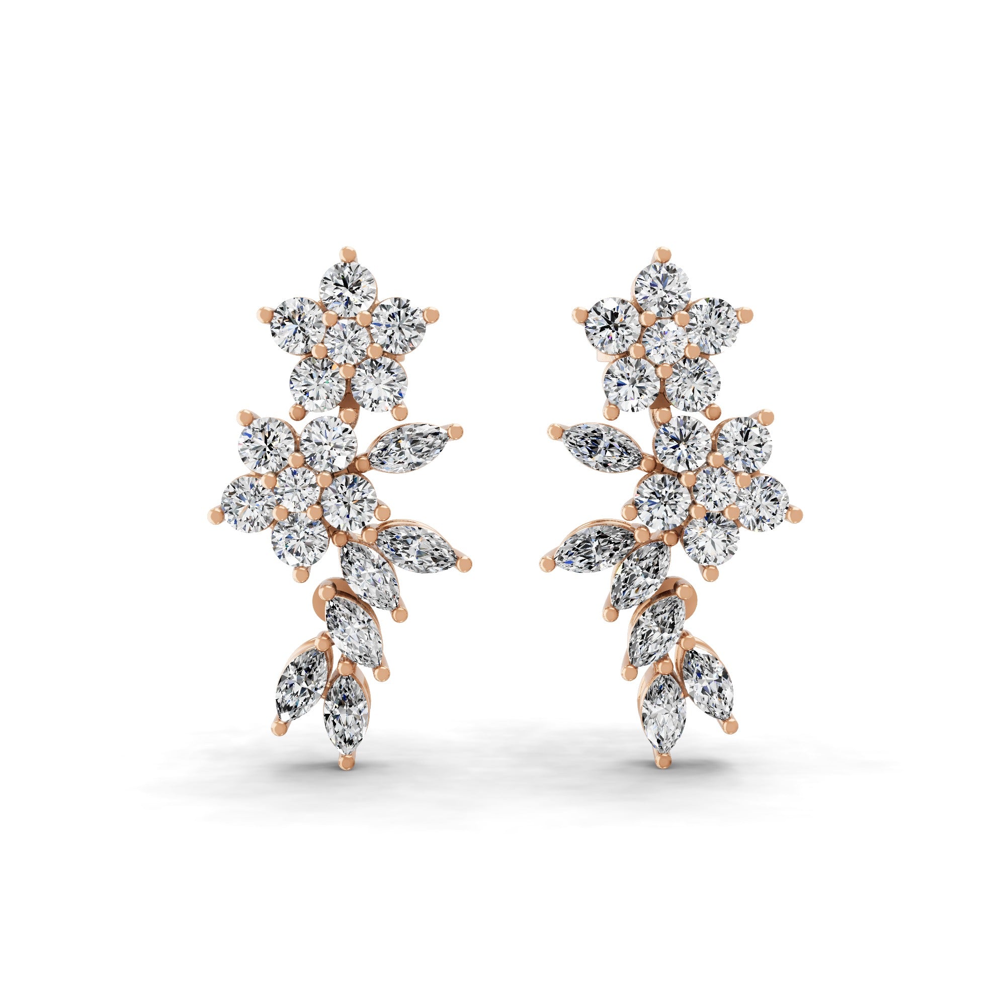 2.64Ct Lab Grown Marquise Round Cut Flower Dangle Earrings 14K Fine Gold