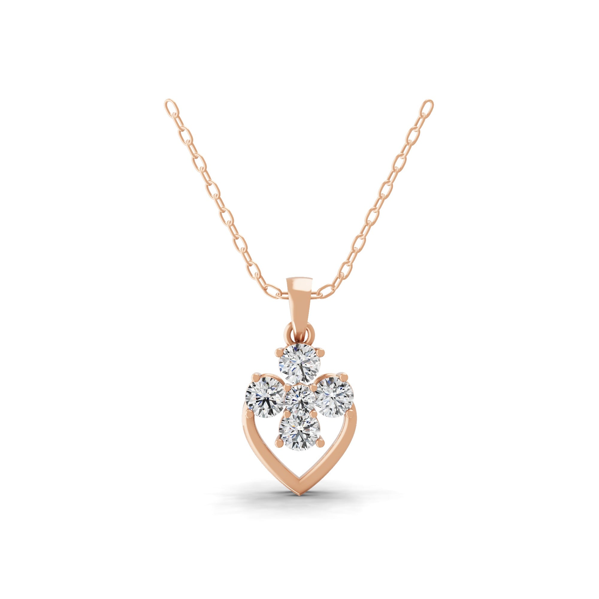 Four Leaf Clover Heart Motif Pendant Necklace 1.10Ct Lab Grown Diamond 14K Gold