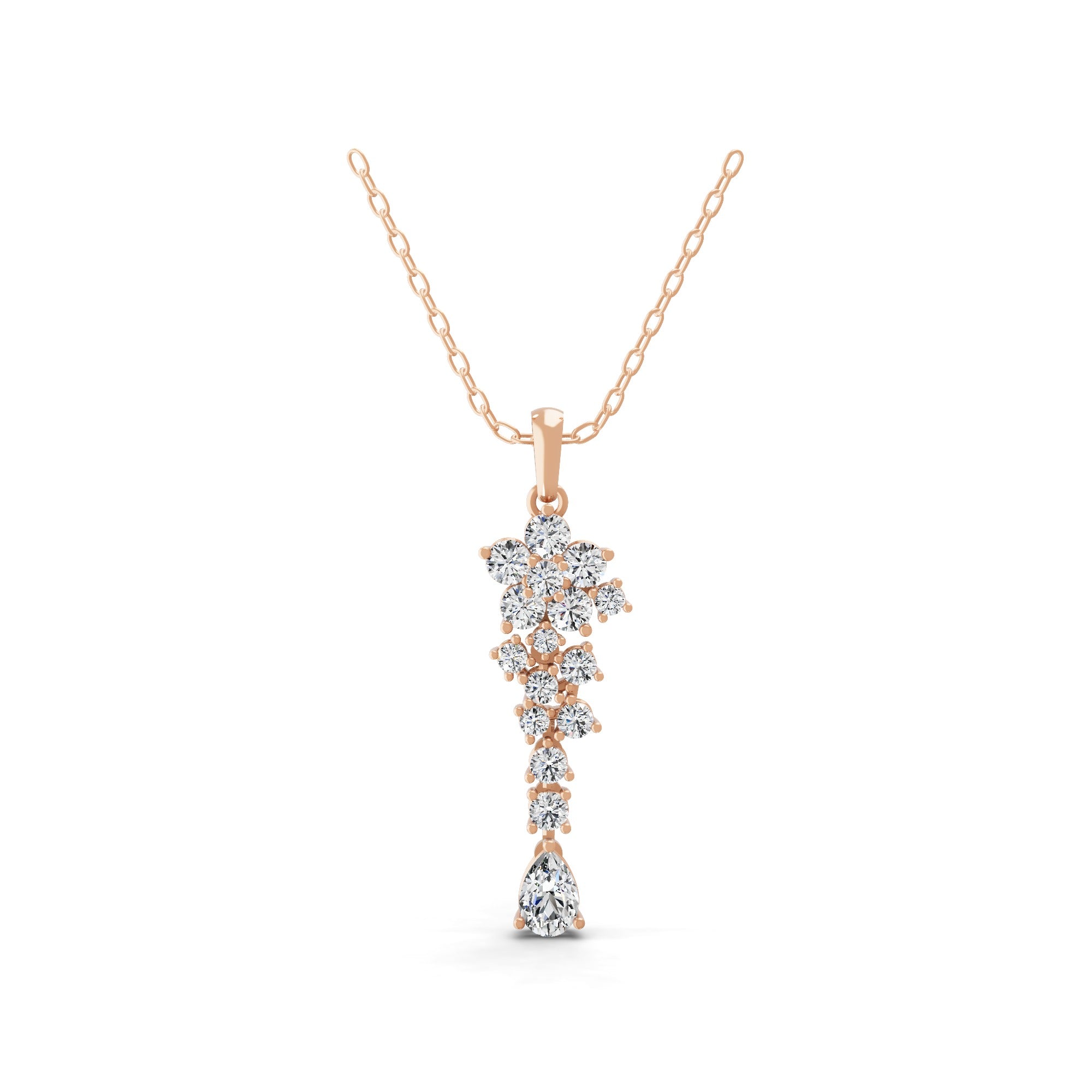 14K Fine Gold Pear Round Cut Lab Grown Diamond Flower Pendant Necklace 1.49Ct