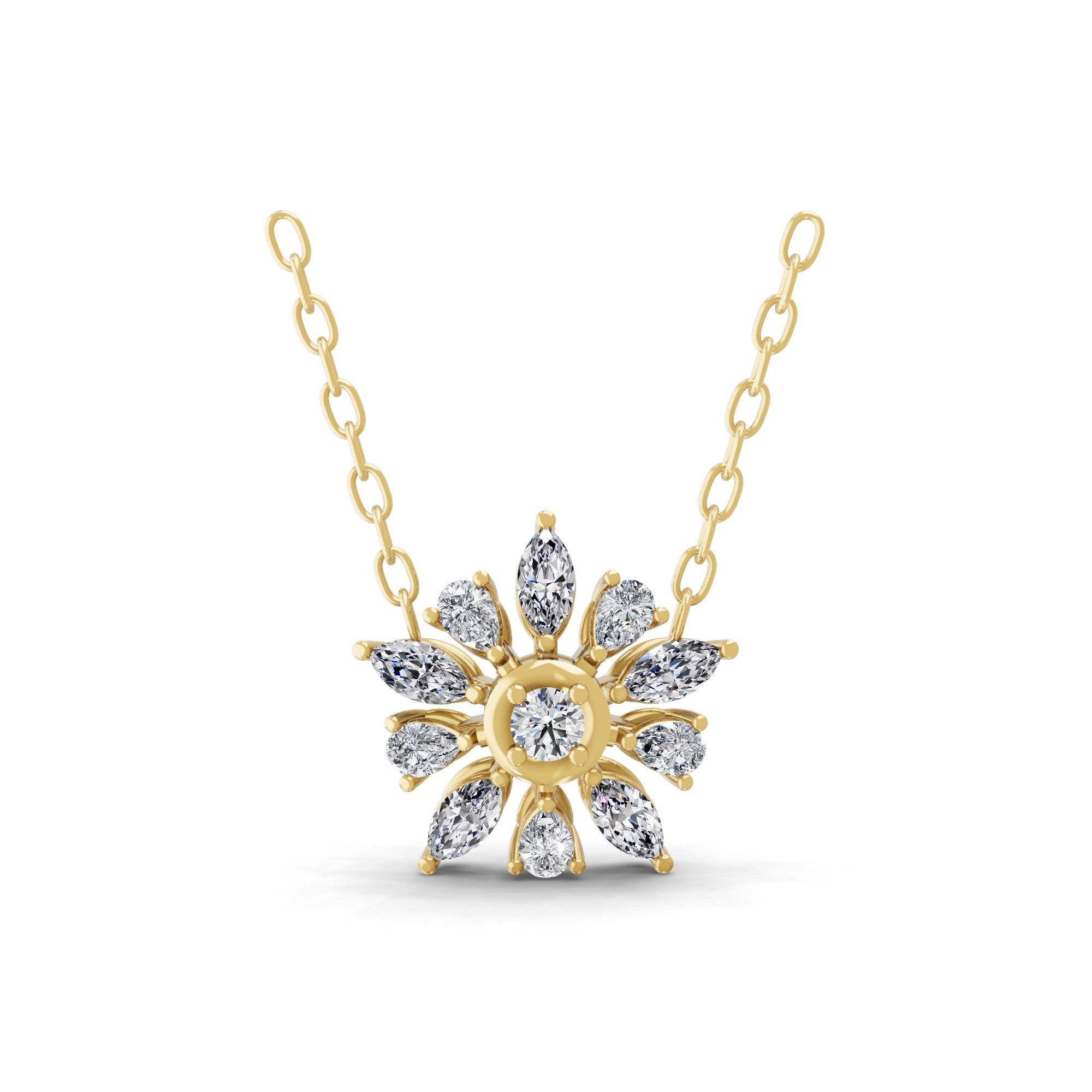 Lab Grown Multi Shaped Diamond 0.62Ct Sunflower Pendant 14K Fine Gold Necklace