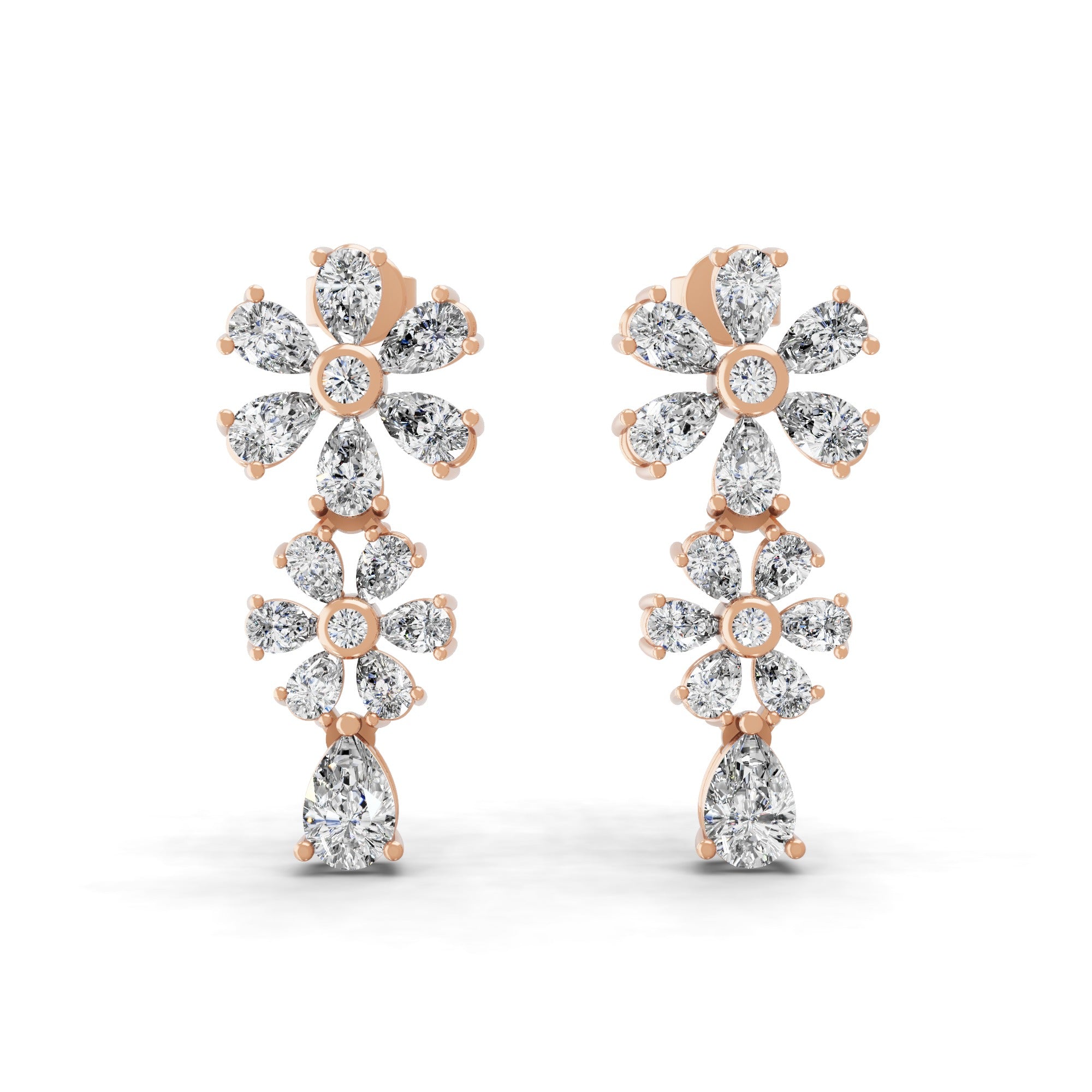 14K Fine Gold Lab Grown Pear Round Diamond Floral Dangle Earrings 4.56Ct