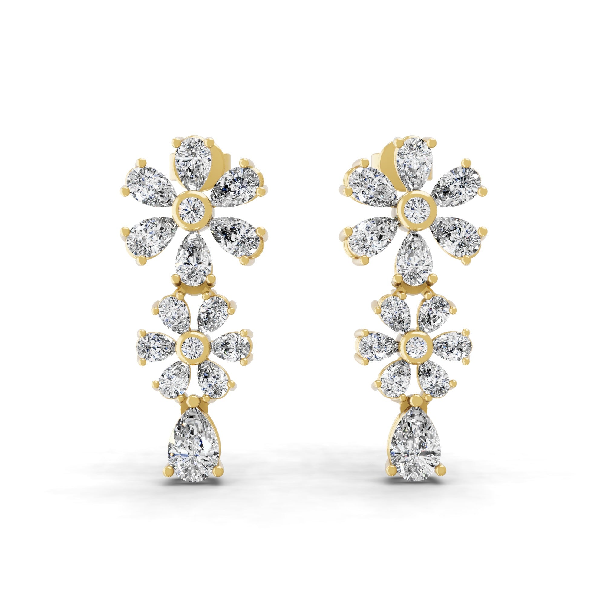 14K Fine Gold Lab Grown Pear Round Diamond Floral Dangle Earrings 4.56Ct