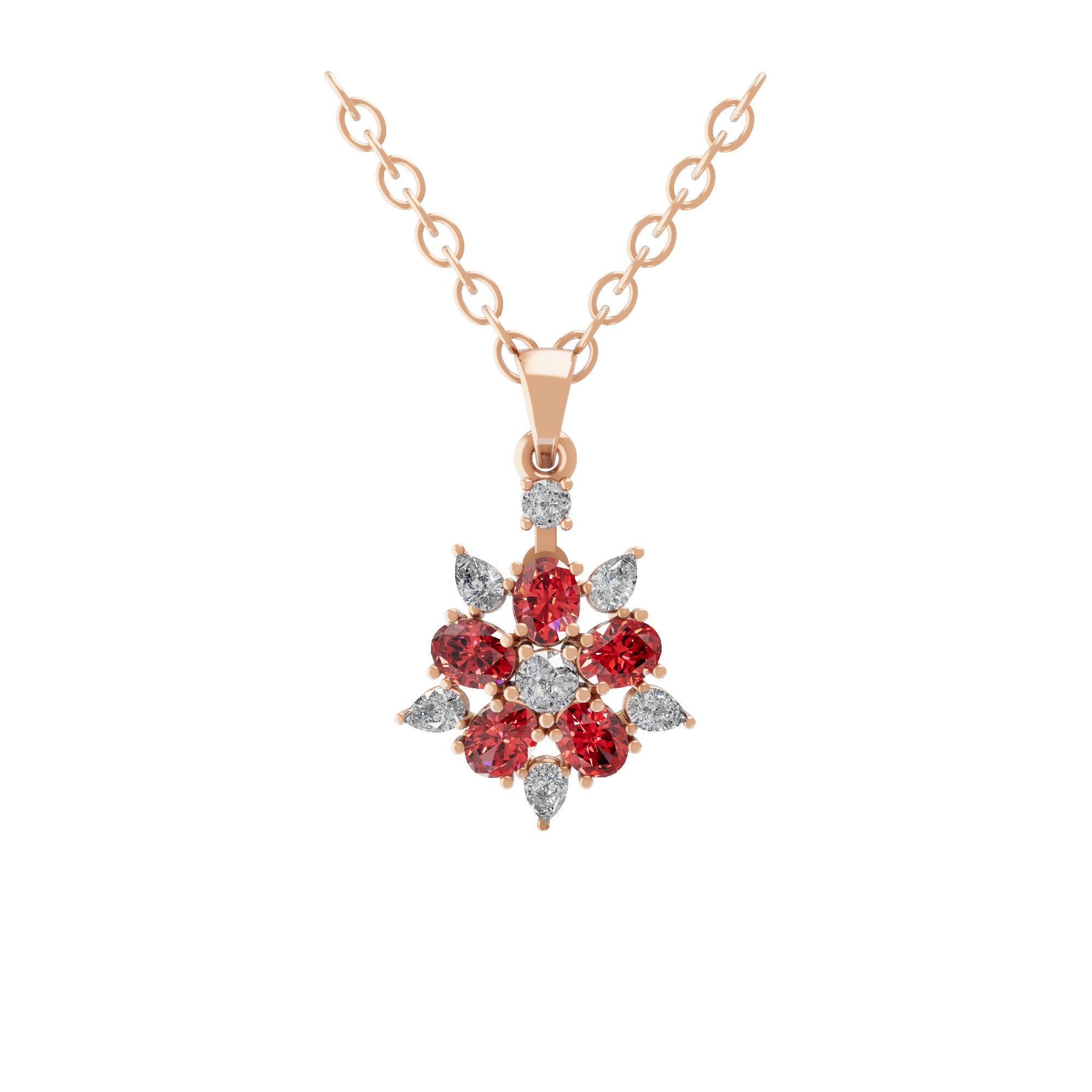 14K Gold Floral Pendant Necklace Cluster Ruby Lab Grown Diamond 0.68Tcw