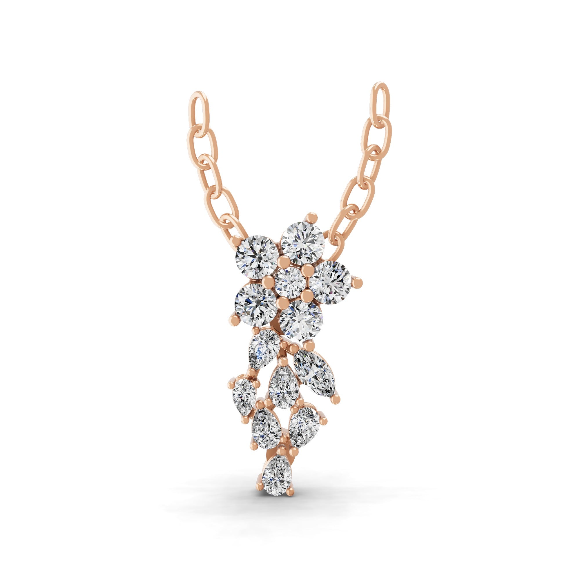 Multi Shaped Lab Grown Diamond Floral Cluster Pendant Necklace 14K Fine Gold 0.90Ct