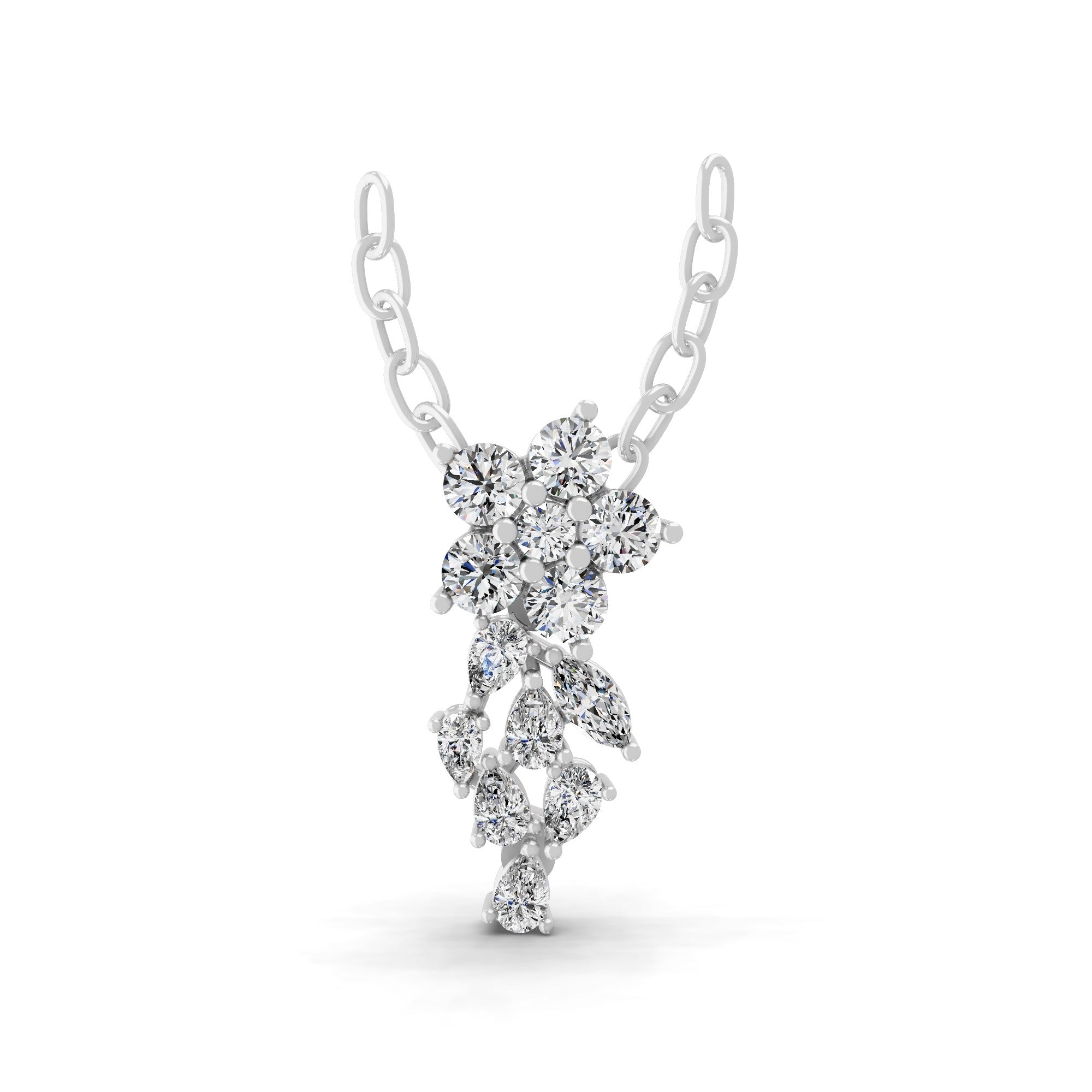 Multi Shaped Lab Grown Diamond Floral Cluster Pendant Necklace 14K Fine Gold 0.90Ct