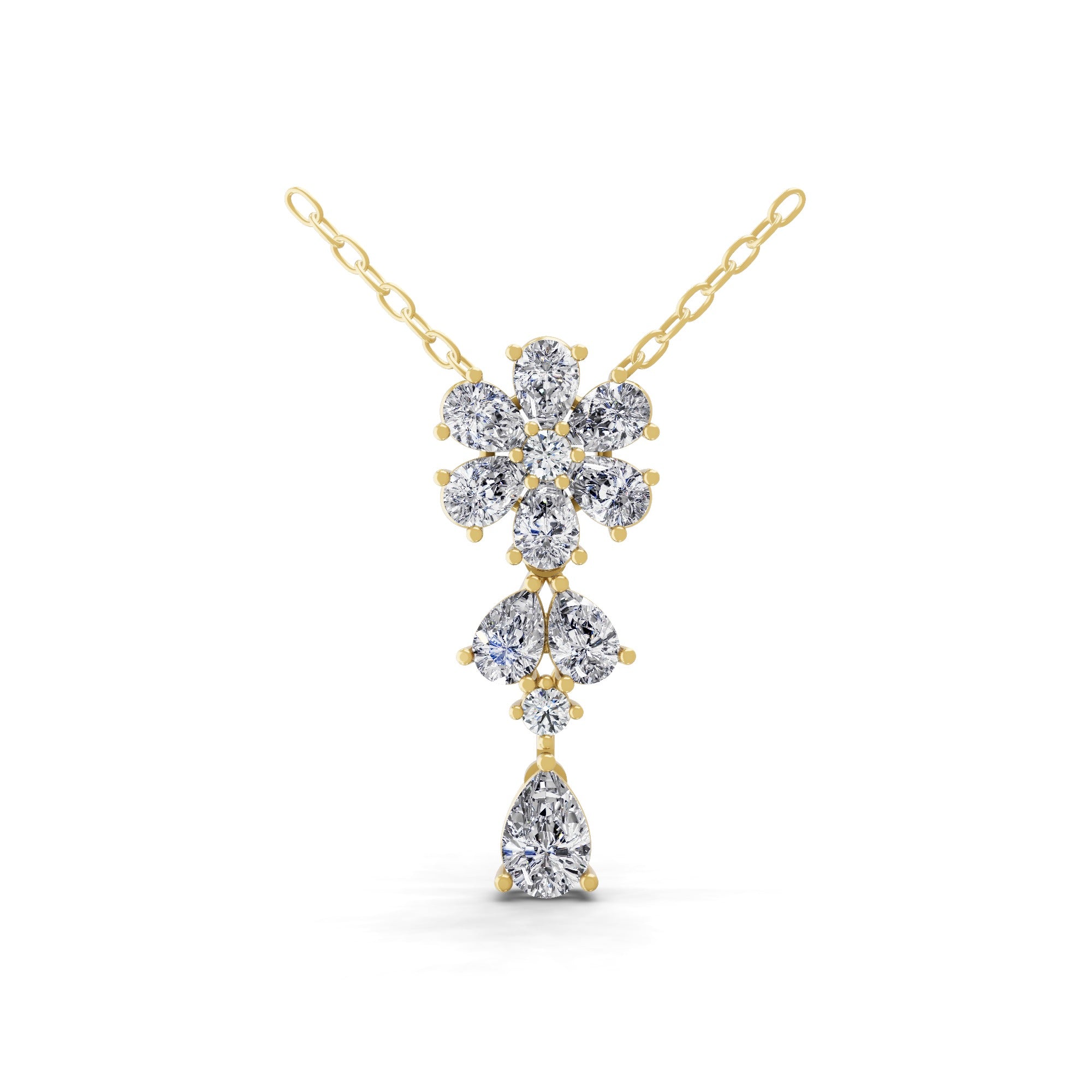 14K Fine Gold Pear Round Lab Grown Diamond Floral Cluster Design Pendant 1.06Ct