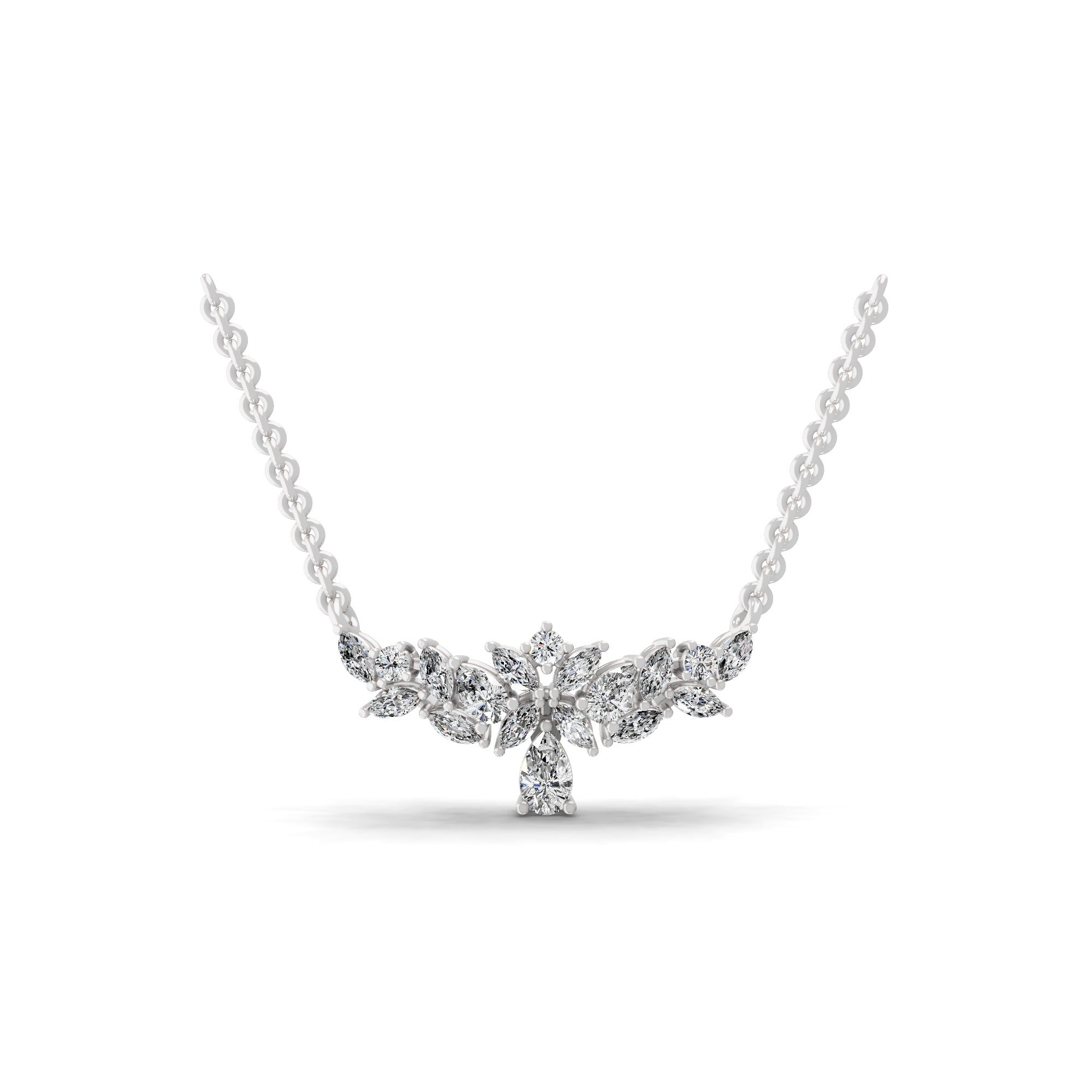 Multi Cut Lab Grown Diamond Flower Cluster Style Pendant 14K Gold Necklace 1.44Ct