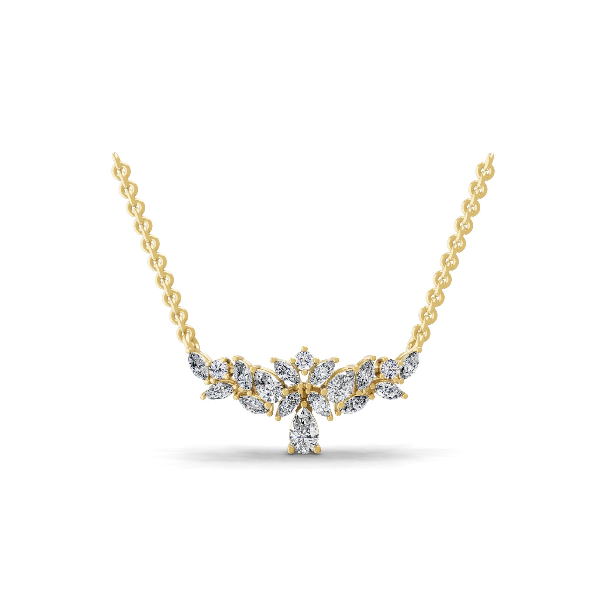 Multi Cut Lab Grown Diamond Flower Cluster Style Pendant 14K Gold Necklace 1.44Ct