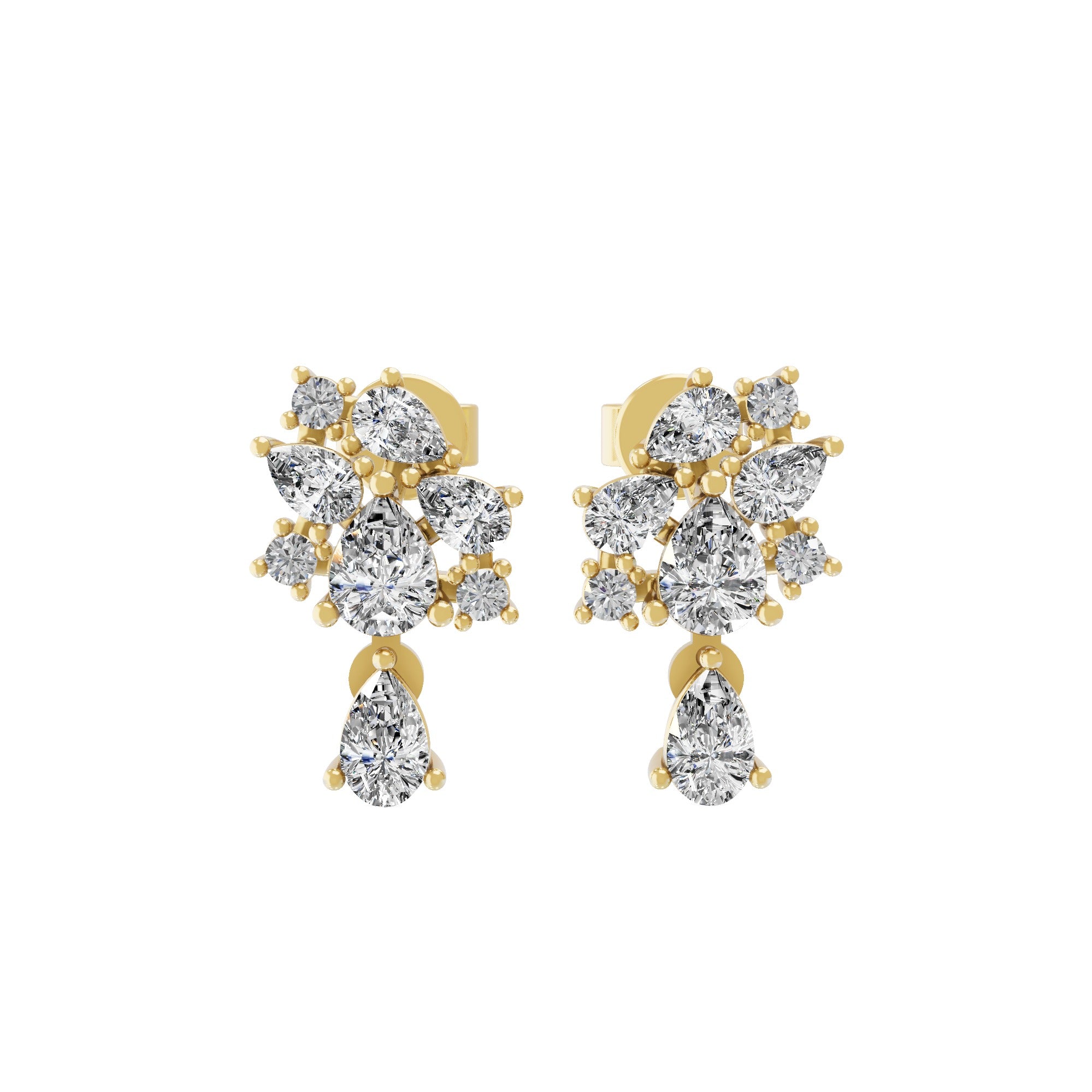 1.02Ct Lab Grown Diamond Pear Round Cluster Stud Earrings 14K Fine Gold