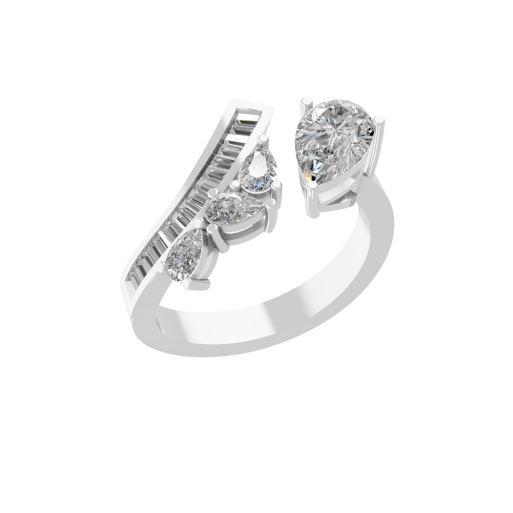 14K Fine Gold Baguette Pear Lab Grown Diamond Bypass Open Ring 1.83Ct