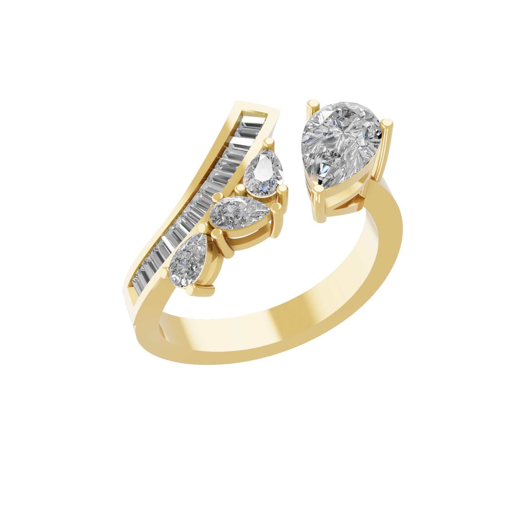 14K Fine Gold Baguette Pear Lab Grown Diamond Bypass Open Ring 1.83Ct