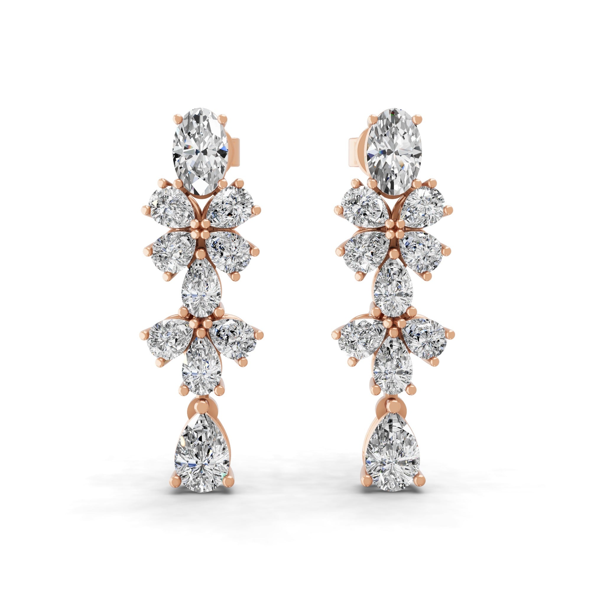 14K Gold Floral Design 3.18Ct Pear Oval Cut Lab Grown Diamond Dangle Earrings