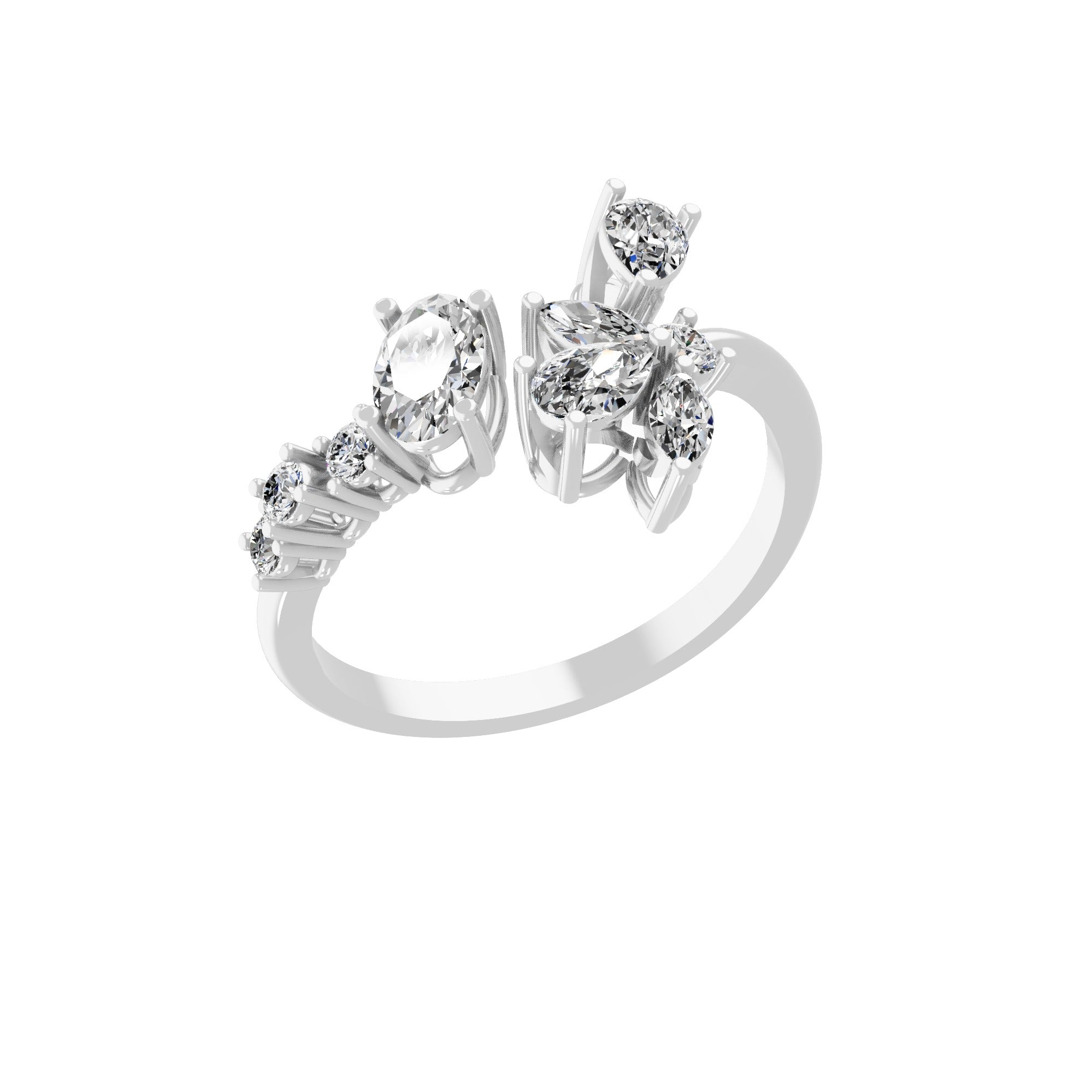 Floral Lab Grown Multi Diamond 1.02Ct Cluster Open Promise Cuff Ring 14K Gold