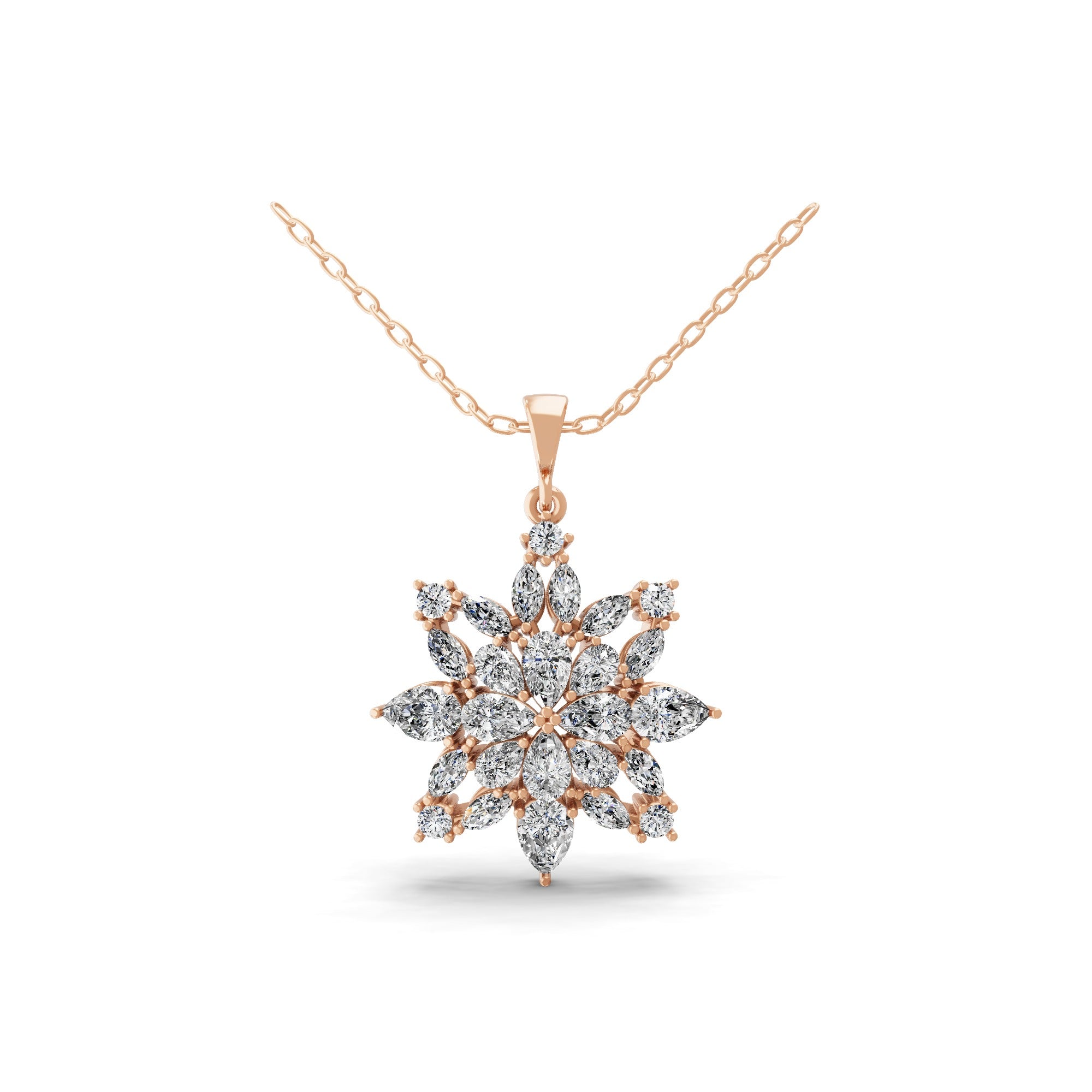 Lab Grown Multi Cut Diamond 3.71Ct Floral Shaped Necklace 14K Fine Gold