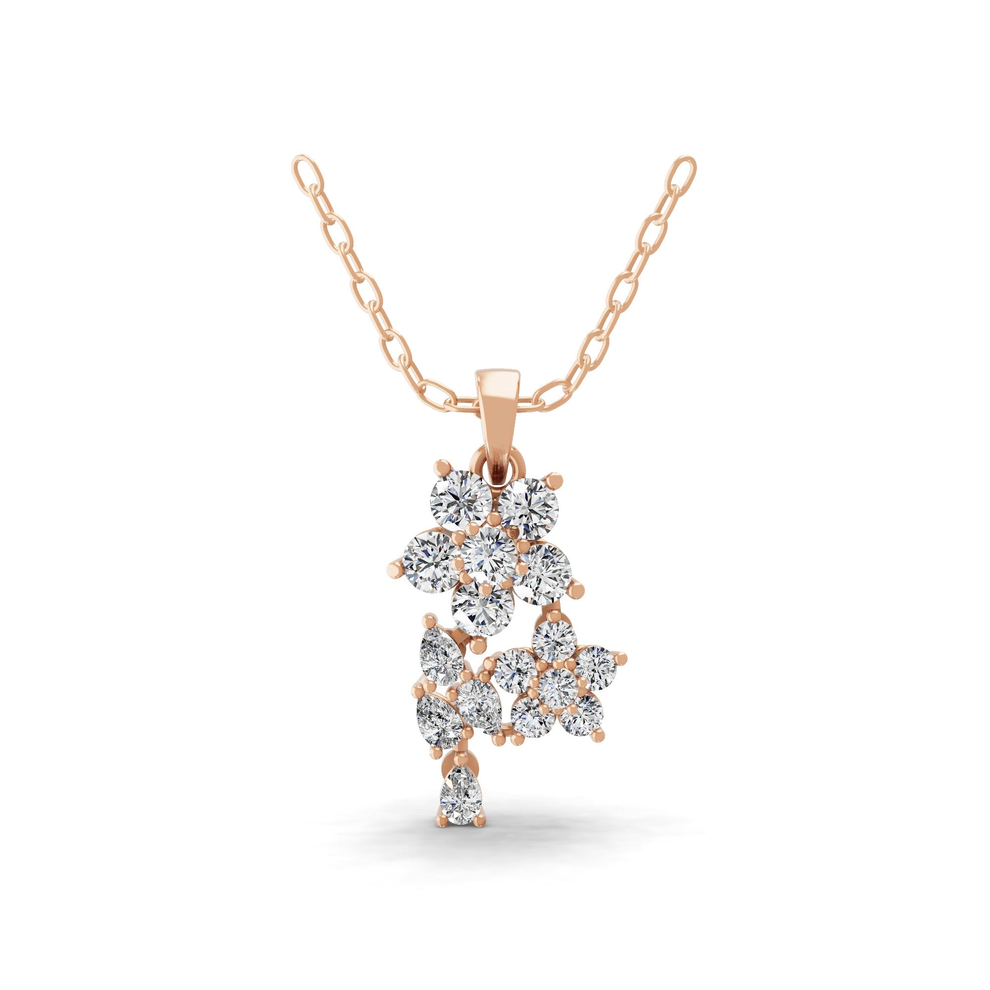 Round Pear 14K Fine Gold 0.92Ct Lab Grown Diamond Floral Cluster Pendant
