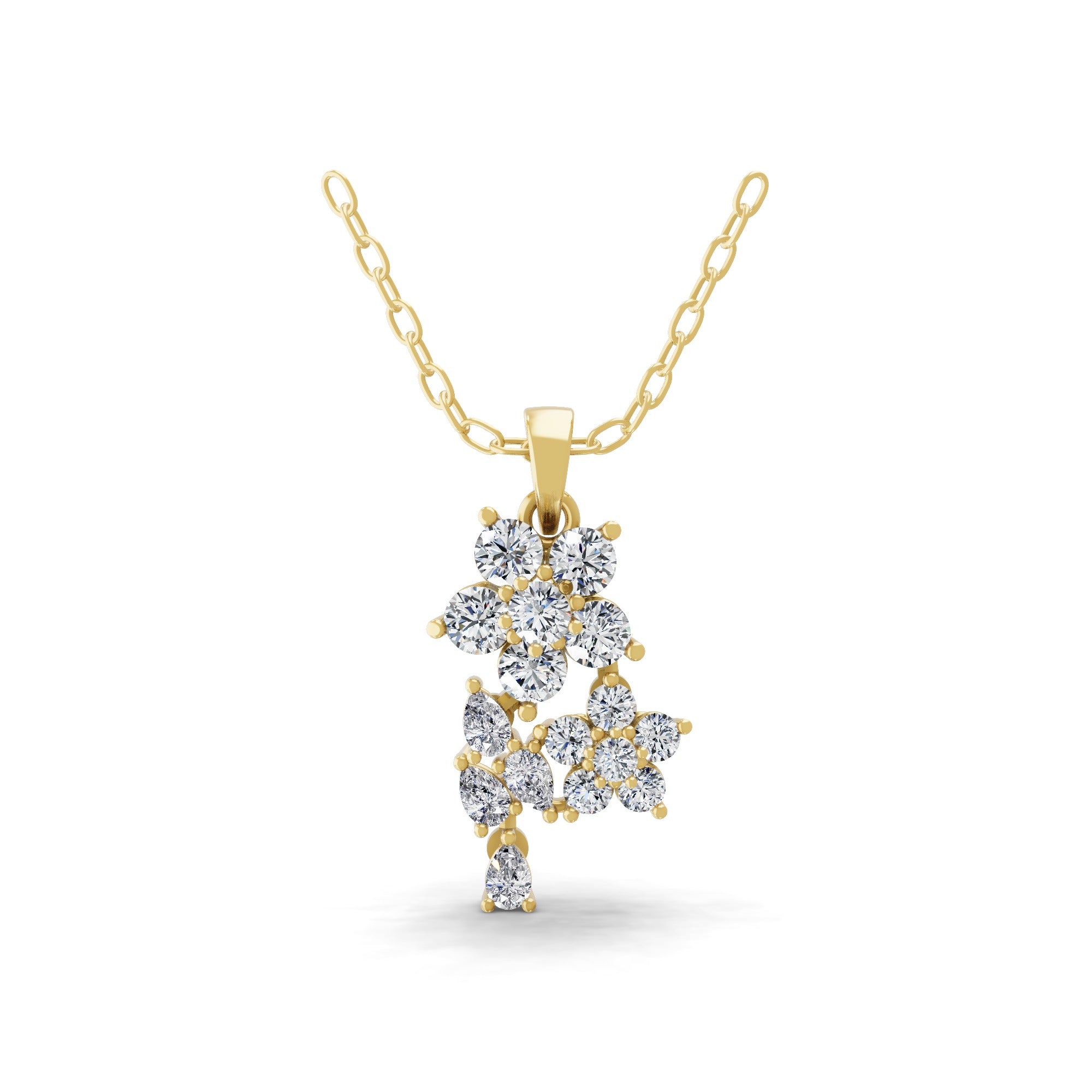Round Pear 14K Fine Gold 0.92Ct Lab Grown Diamond Floral Cluster Pendant