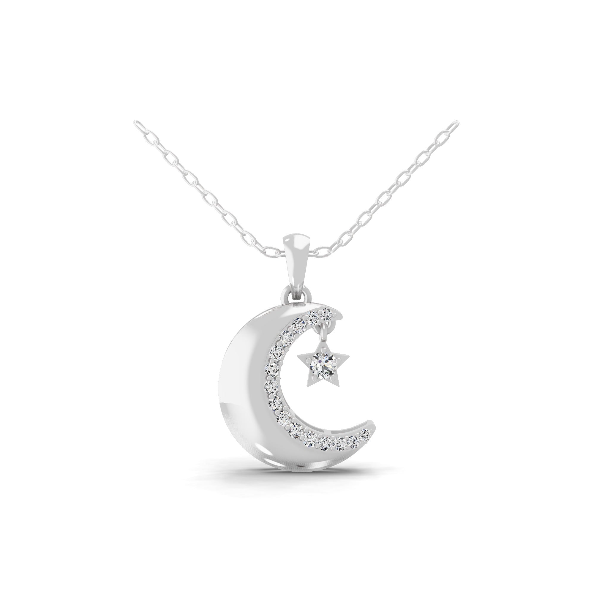 0.38Ct Crescent Moon & Star Pendant Round Lab Grown Diamond 14K Fine Gold