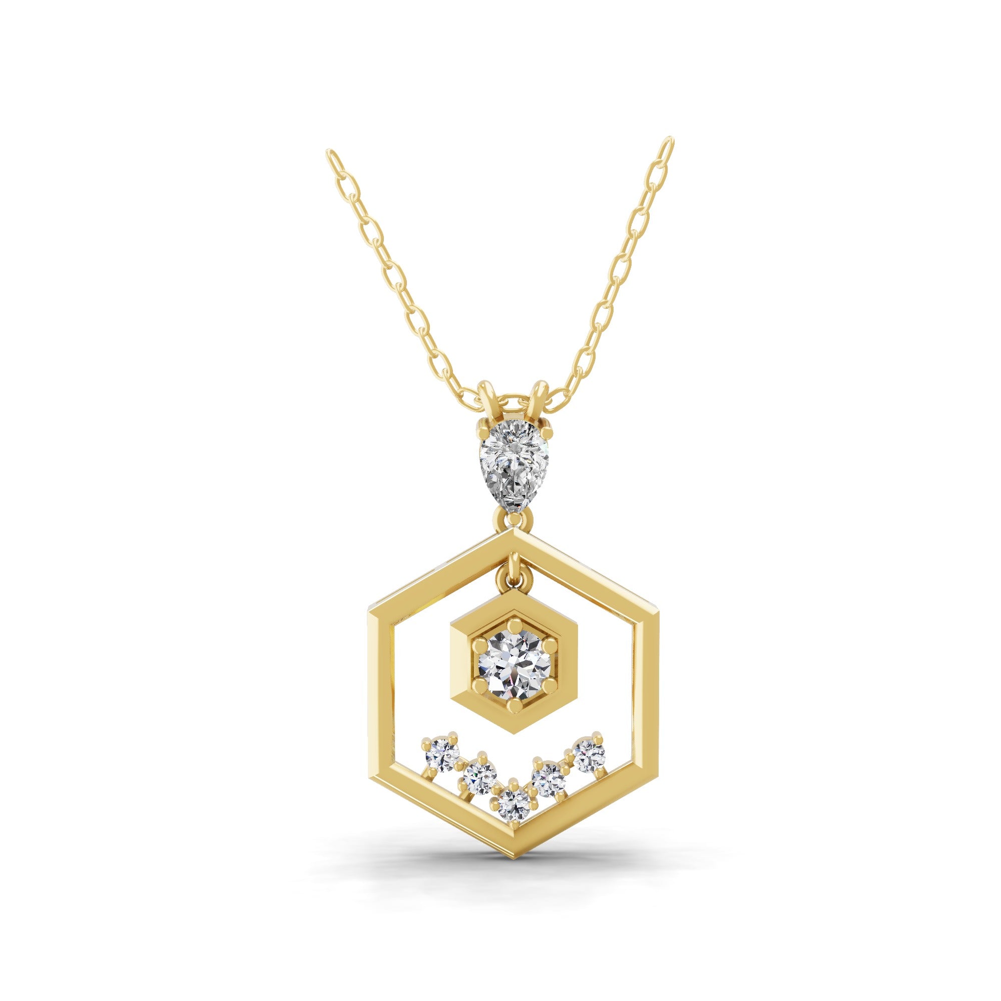 0.97Ct Round Cut Lab Grown Diamond Hexagonal Pendant 14K Fine Gold Necklace