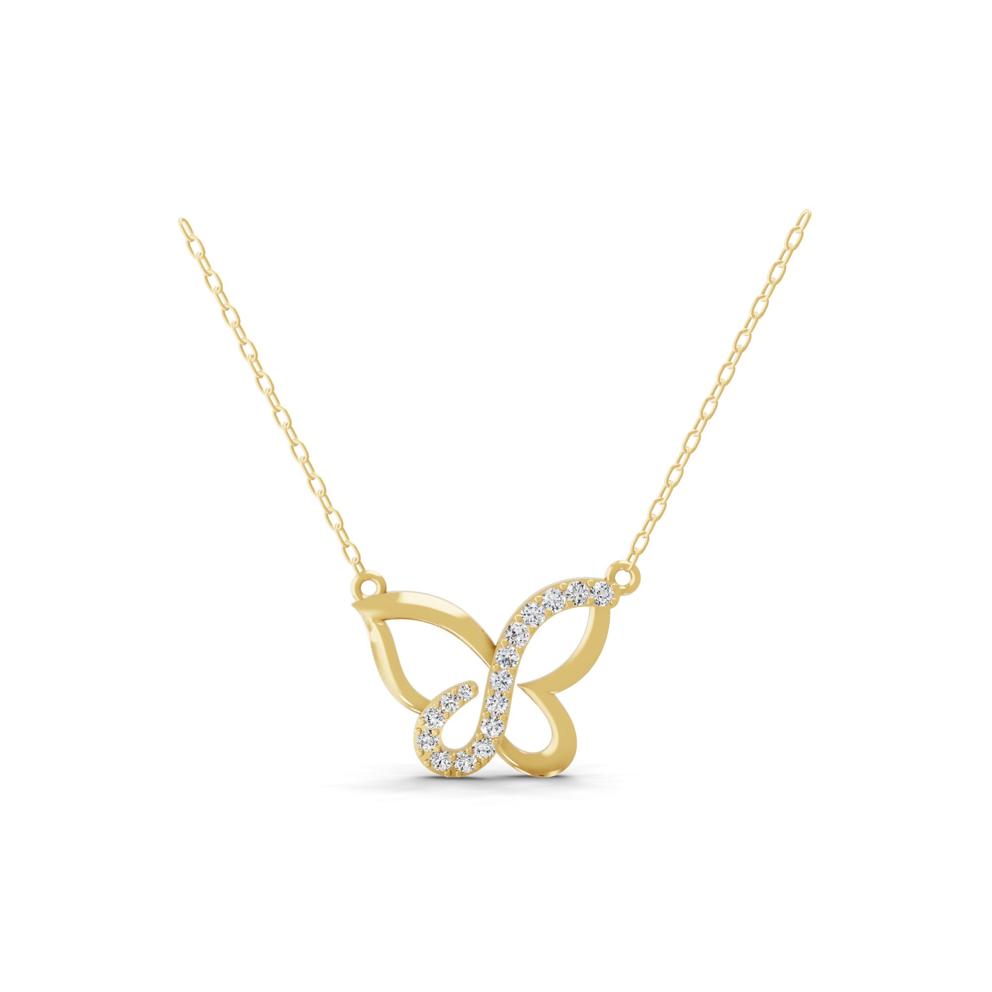 14K Fine Gold Butterfly Pendant Lab Grown Round Diamond Necklace 0.41Ct