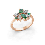 14K Fine Gold Multi Shape Emerald Lab Grown Diamond Floral Style Ring 1.16Tcw