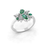 14K Fine Gold Multi Shape Emerald Lab Grown Diamond Floral Style Ring 1.16Tcw