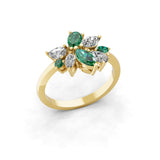 14K Fine Gold Multi Shape Emerald Lab Grown Diamond Floral Style Ring 1.16Tcw