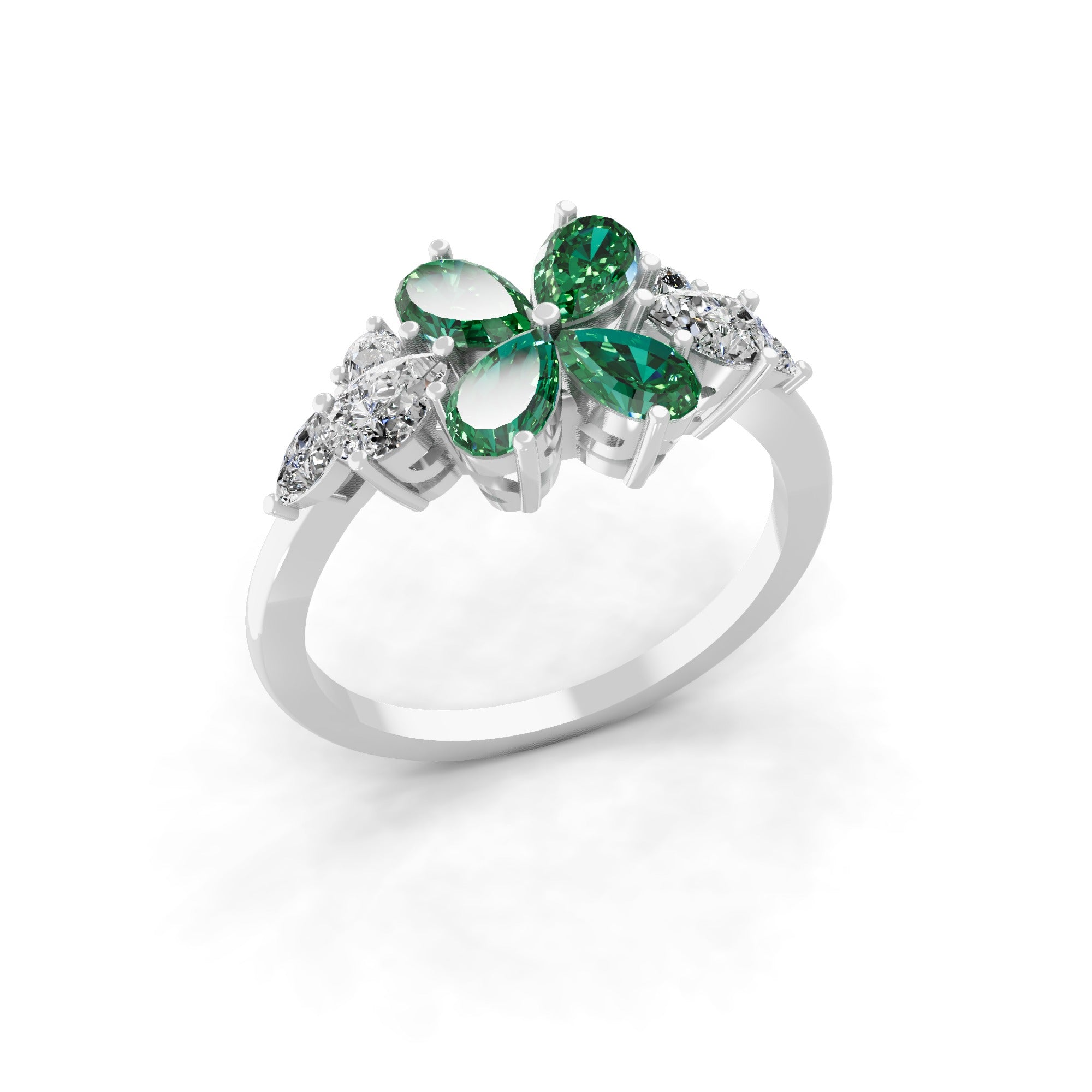 Pear Emerald Lab Grown Diamond Floral Ring 14K Fine Gold 0.77Tcw