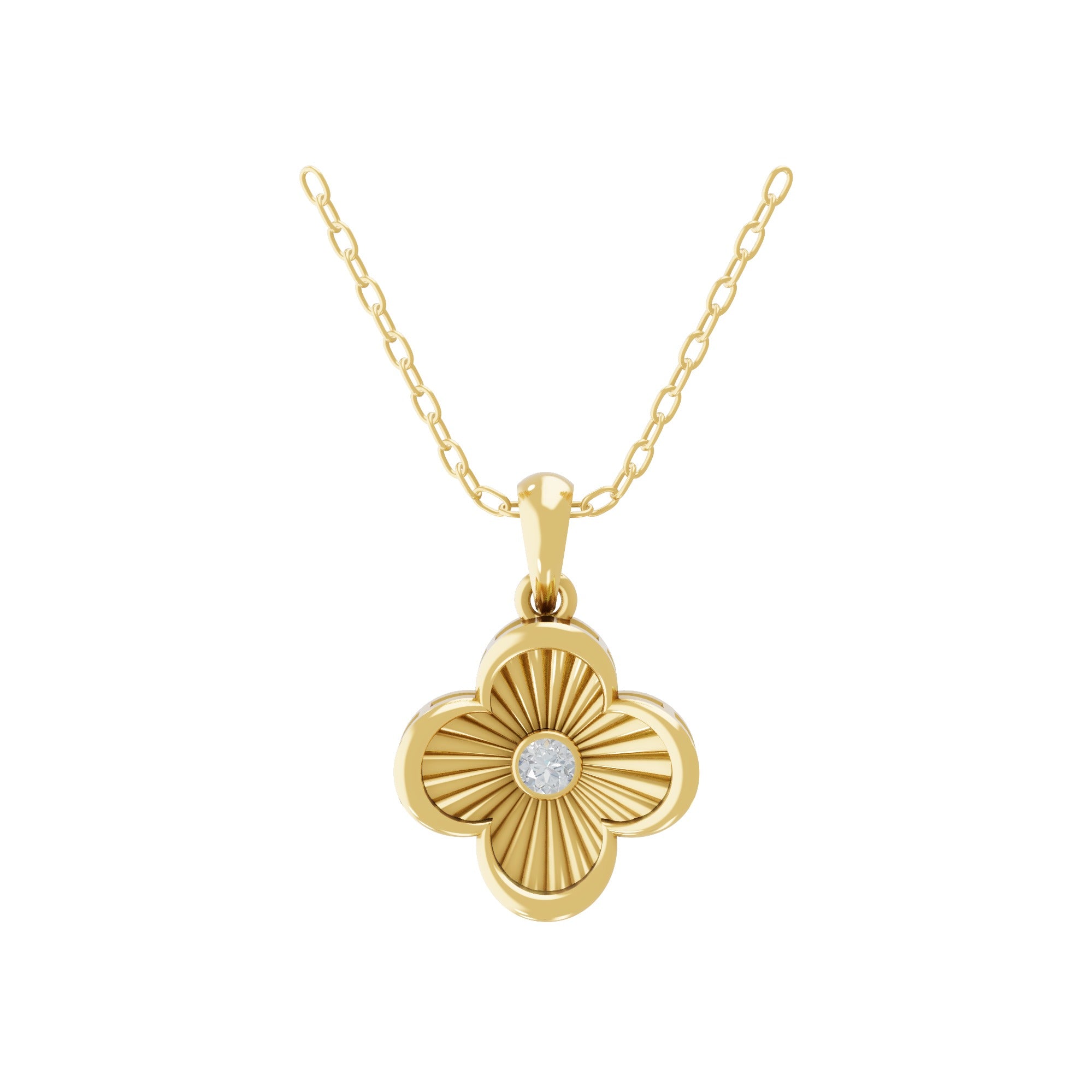 Round Lab Grown Diamond Clover Pendant 14K Fine Gold Necklace 0.09Ct
