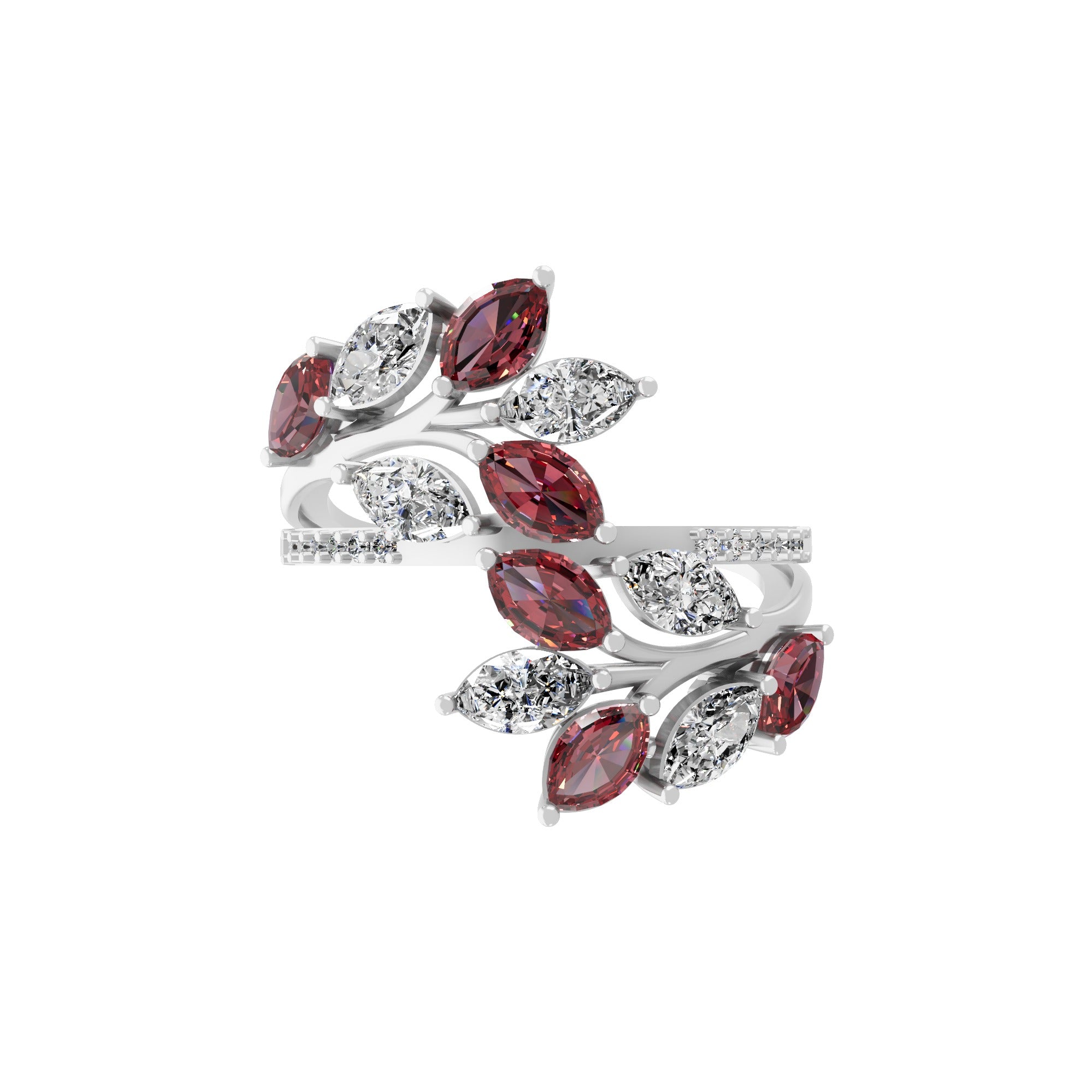Ruby Marquise Round Lab Grown Diamond 1.47Tcw 14K Fine Gold Leaf Ring