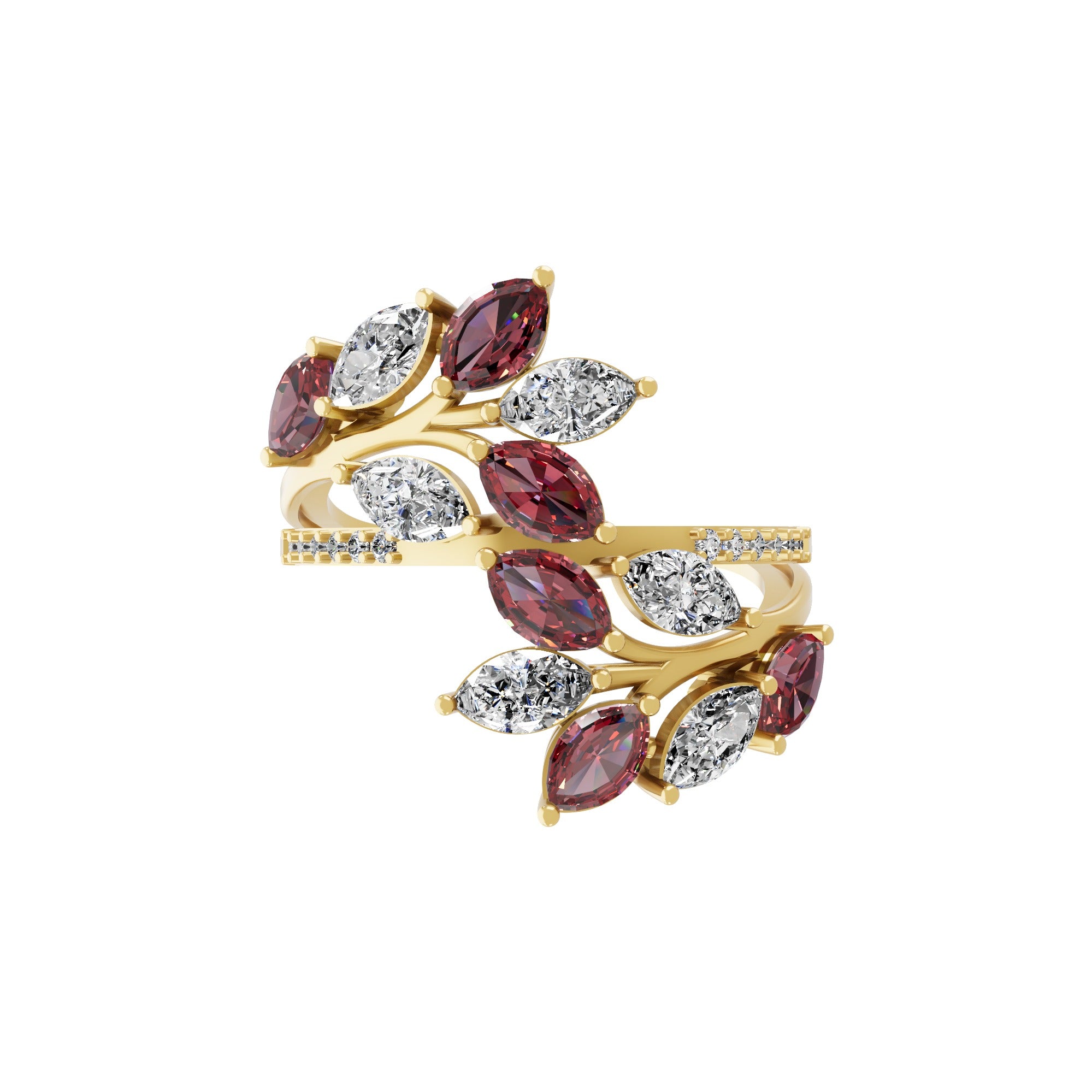 Ruby Marquise Round Lab Grown Diamond 1.47Tcw 14K Fine Gold Leaf Ring