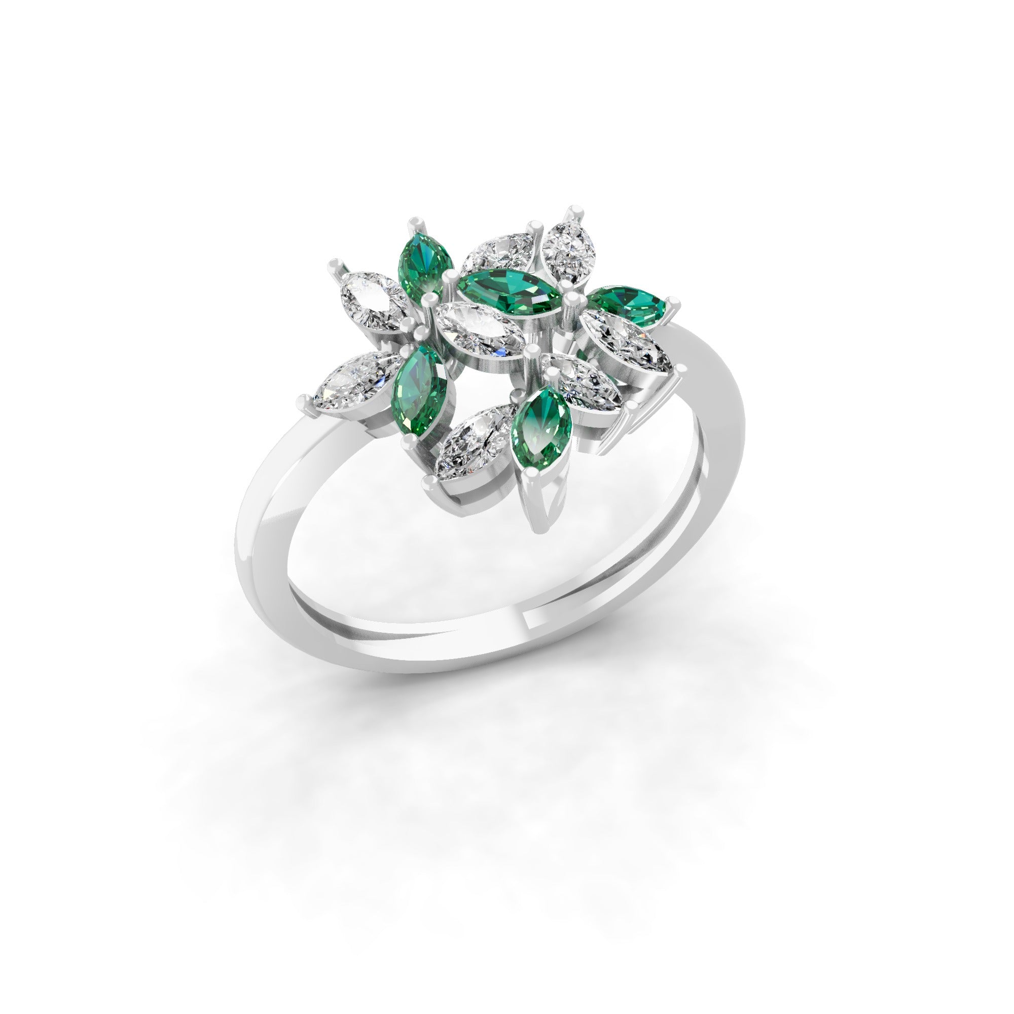 Emerald Marquise Lab Grown Diamond Floral Cluster Ring 14K Gold 0.88Tcw