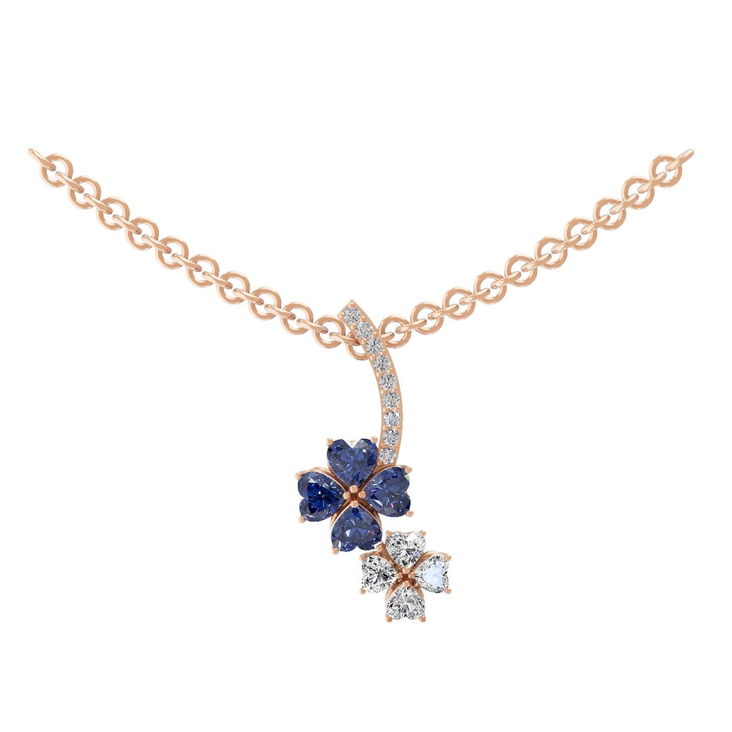 Blue Sapphire Heart 14K Fine Gold Lab Grown Round Diamond Flower Shaped Pendant 1.09Tcw