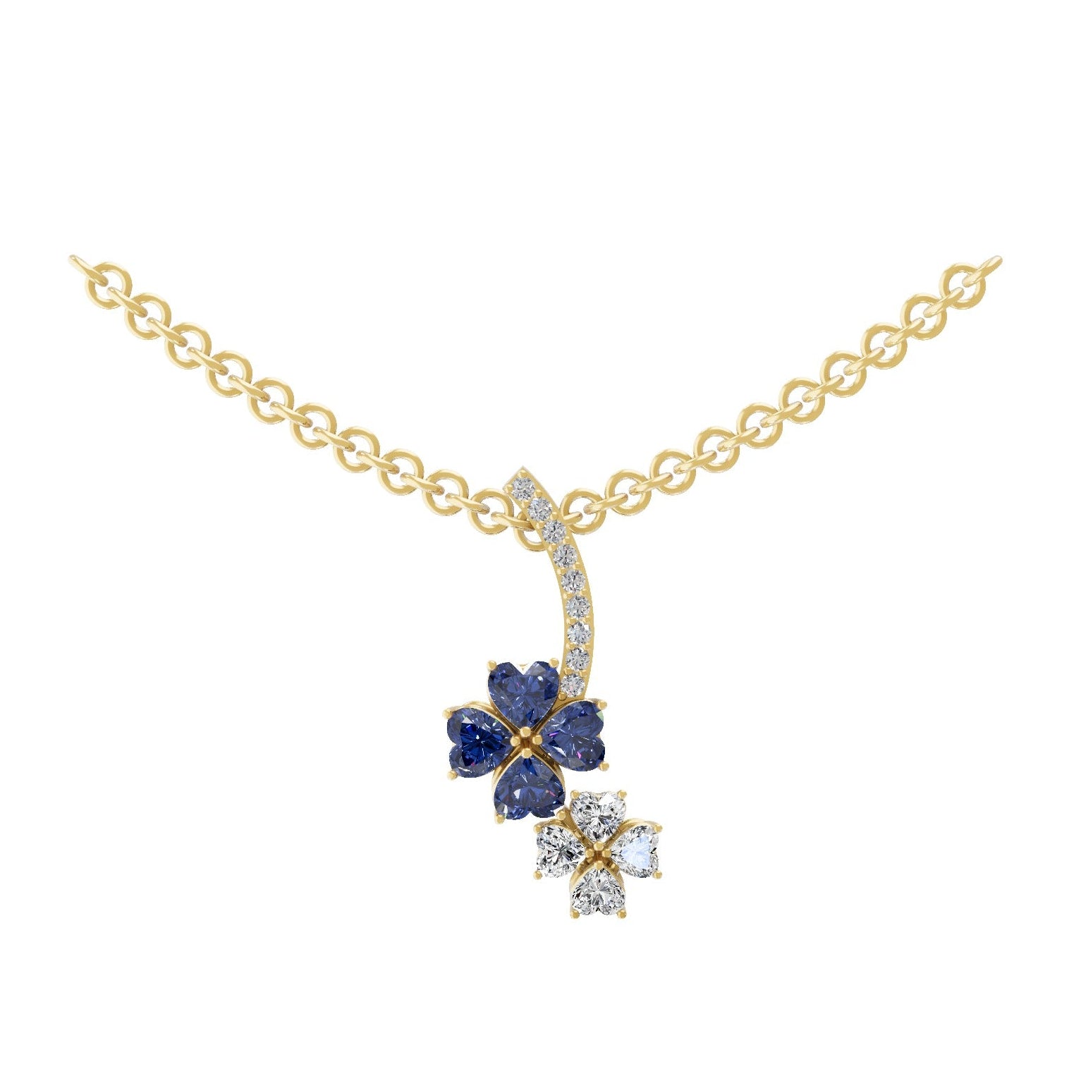 Blue Sapphire Heart 14K Fine Gold Lab Grown Round Diamond Flower Shaped Pendant 1.09Tcw
