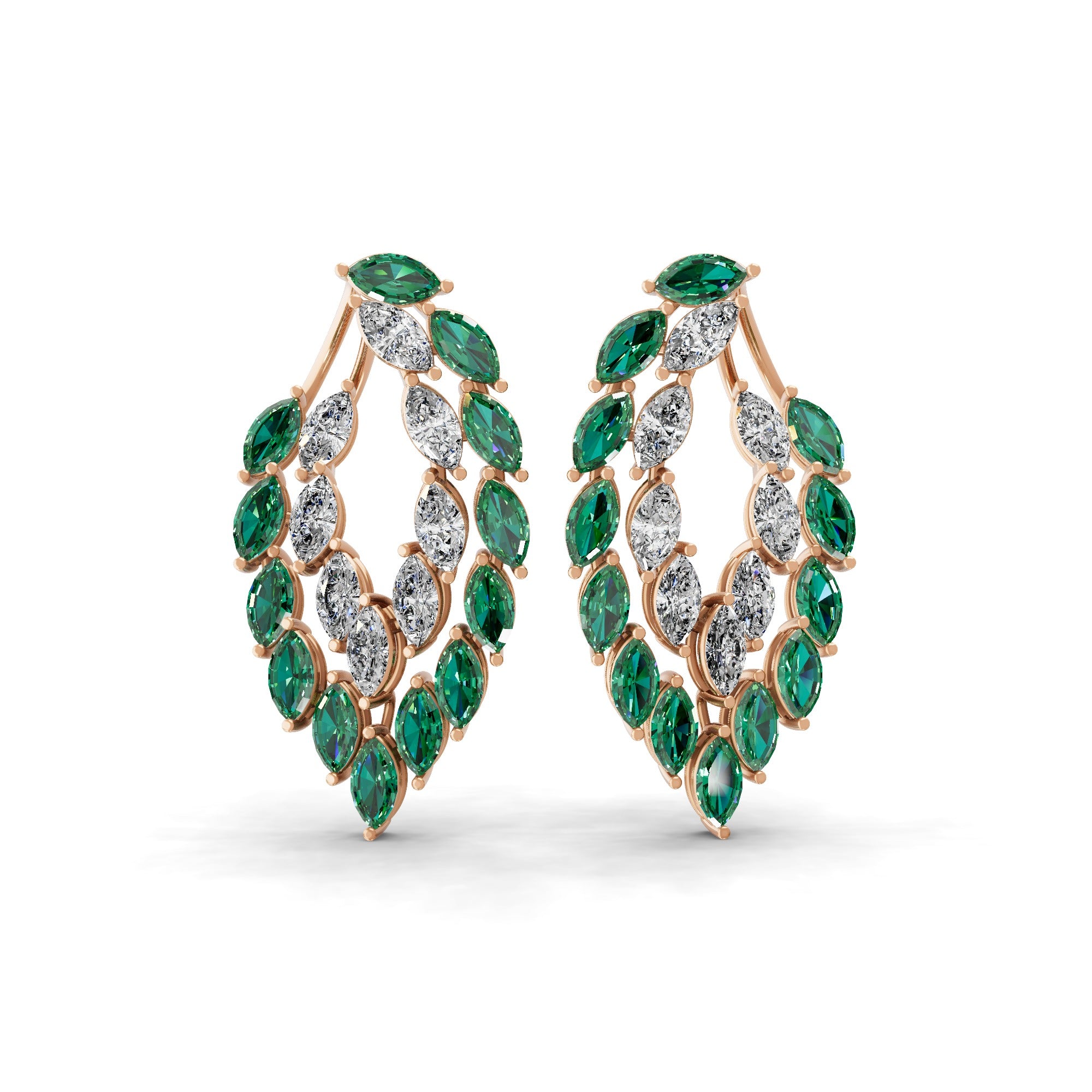 Marquise Cut Emerald Lab Grown Diamond Leaf Design Hoop Earring 14K Gold 4.26Tcw