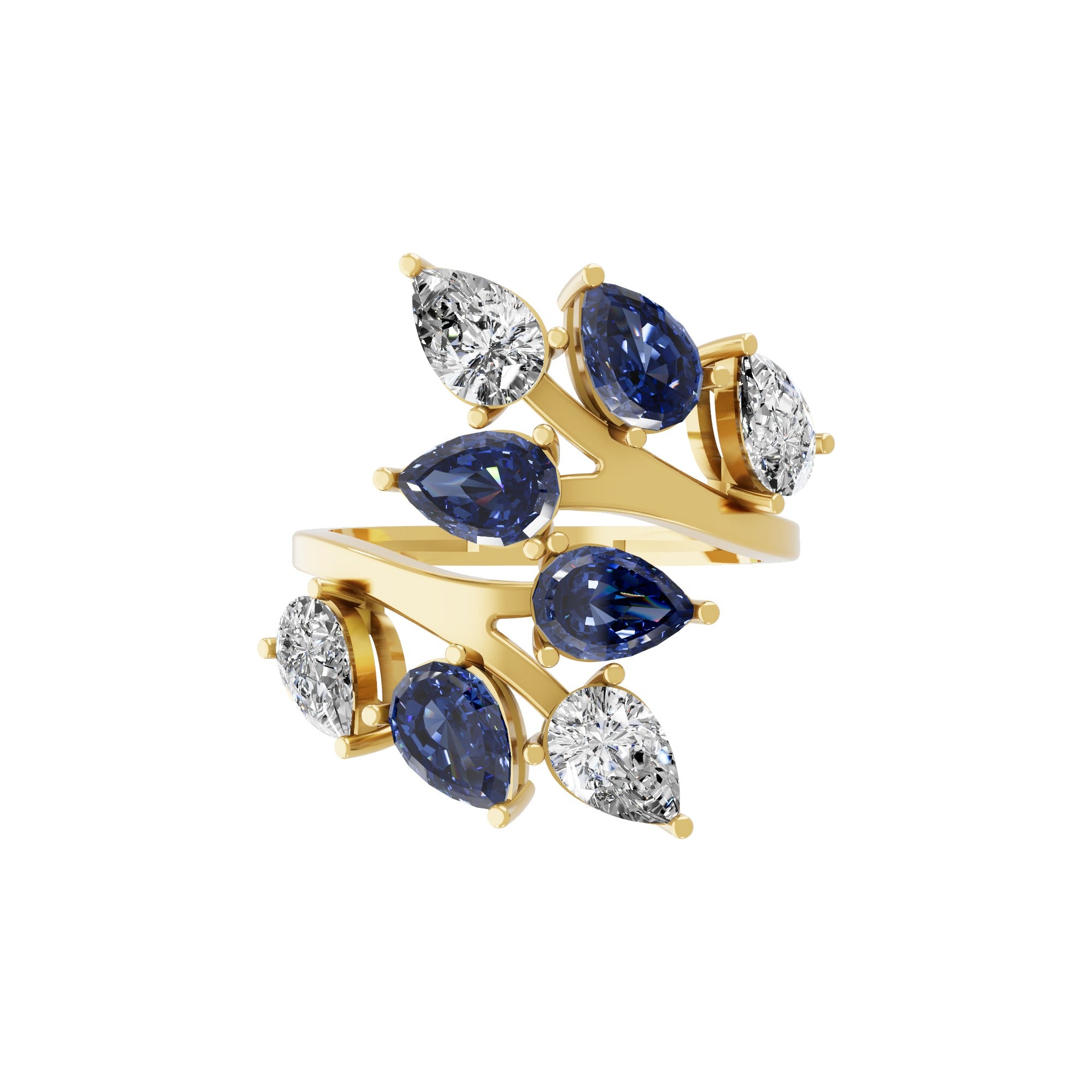 Pear Blue Sapphire Lab Grown Diamond 2.51Tcw Bypass Ring 14k Fine Gold