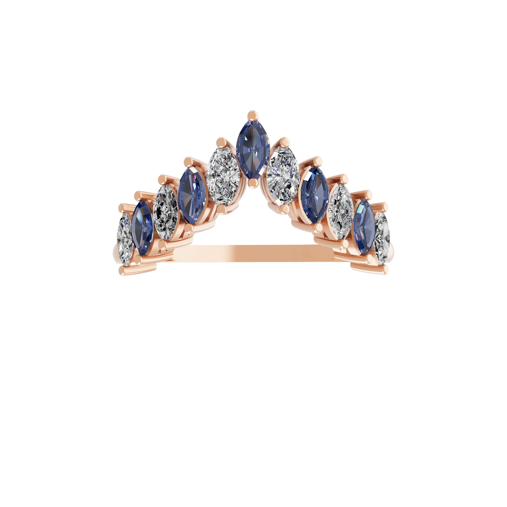 Blue Sapphire Marquise Lab Grown Diamond 14K Gold Chevron Design Ring 0.70Tcw