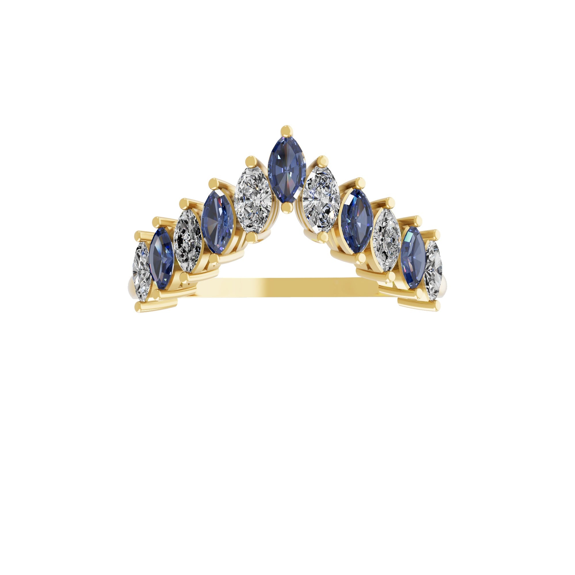 Blue Sapphire Marquise Lab Grown Diamond 14K Gold Chevron Design Ring 0.70Tcw