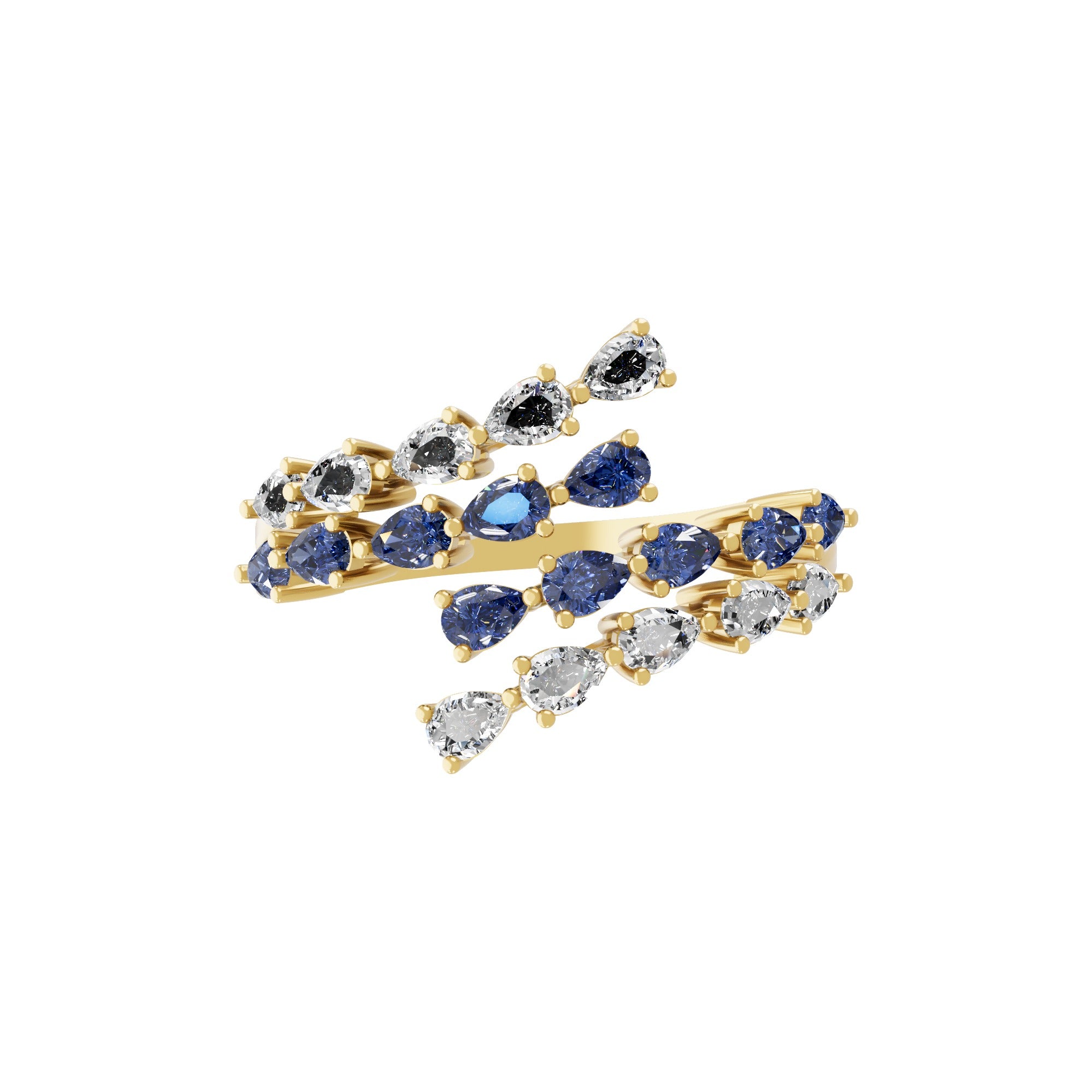 0.73Tcw Blue Sapphire Pear Lab Grown Diamond 14K Fine Gold Bypass Ring
